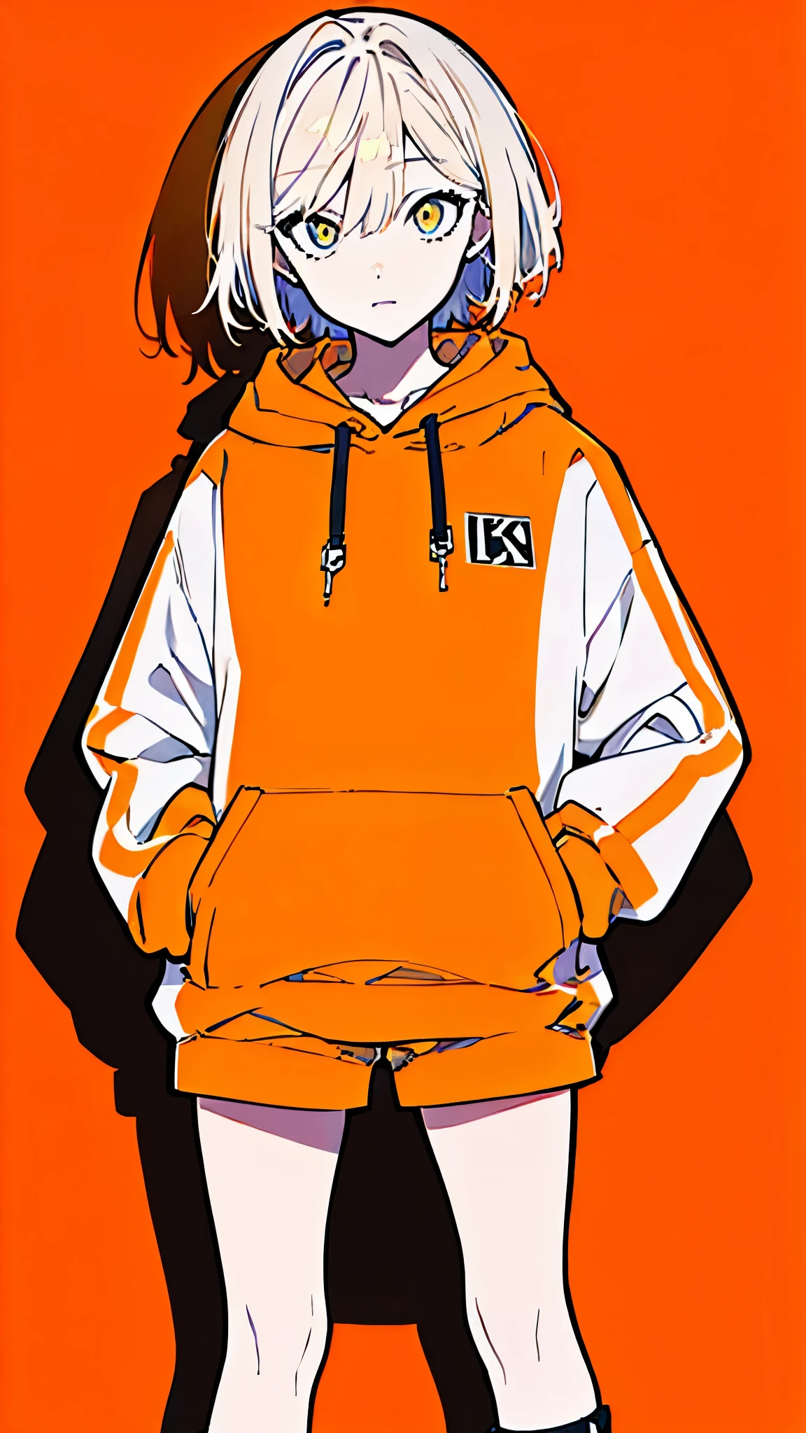 (masterpiece, highest quality:1.6), alone, thick outline, (simple background, light orange background, monochrome, light orange theme:1.2), official art, Key Visual, 8K, disorganized, whole body, (unique hair, Oversized Hoodies, hot pants, arch back, short torso:1.2), belly button, thighs, cowboy shot, HDR, sharp focus, High resolution, most detailed, very detailed, Super detailed, finely, detailed eyes and face, sharp pupils, realistic student, solo, orange and white contrast, solo, hands in pockets