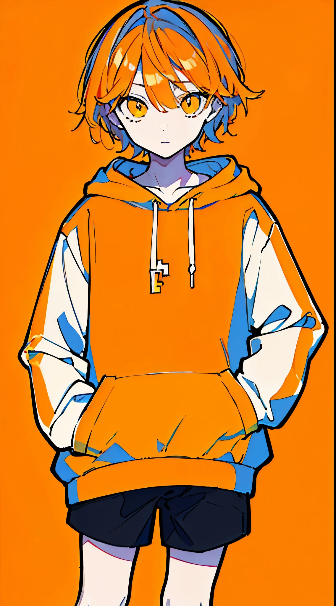 (masterpiece, highest quality:1.6), alone, thick outline, (simple background, light orange background, monochrome, light orange theme:1.2), official art, Key Visual, 8K, disorganized, whole body, (unique hair, Oversized Hoodies, hot pants, arch back, short torso:1.2), belly button, thighs, cowboy shot, HDR, sharp focus, High resolution, most detailed, very detailed, Super detailed, finely, detailed eyes and face, sharp pupils, realistic student, solo, orange and white contrast, solo, hands in pockets
