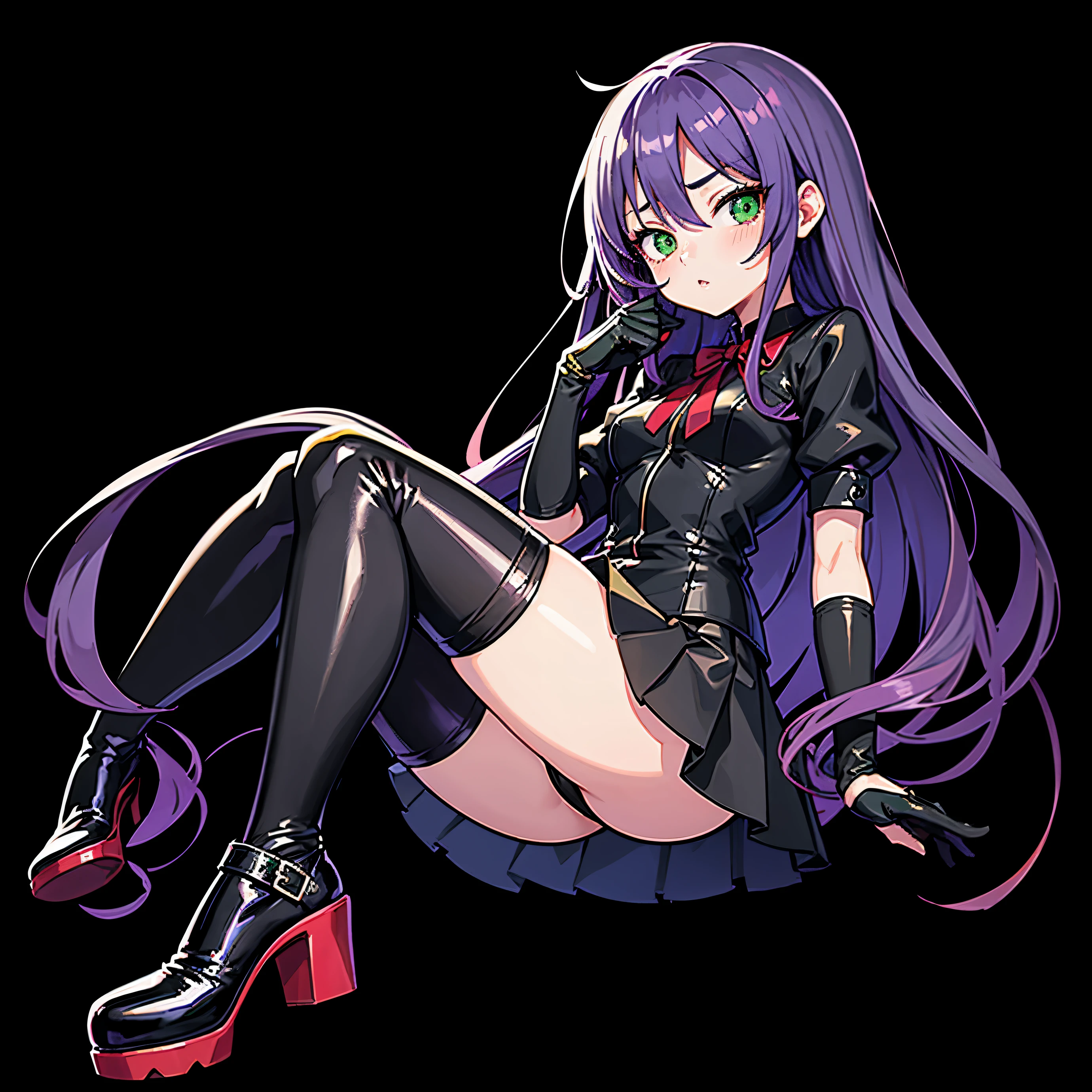cute Japanese cartoons girl, long purple hair, beautiful green eyes, black skirt, black gloves, black knee socks, red high heels, confuse, Japanese cartoons, negative space, from below, ultra high definition, masterpiece, precise, anatomically correct, Super details, high quality, high resolution