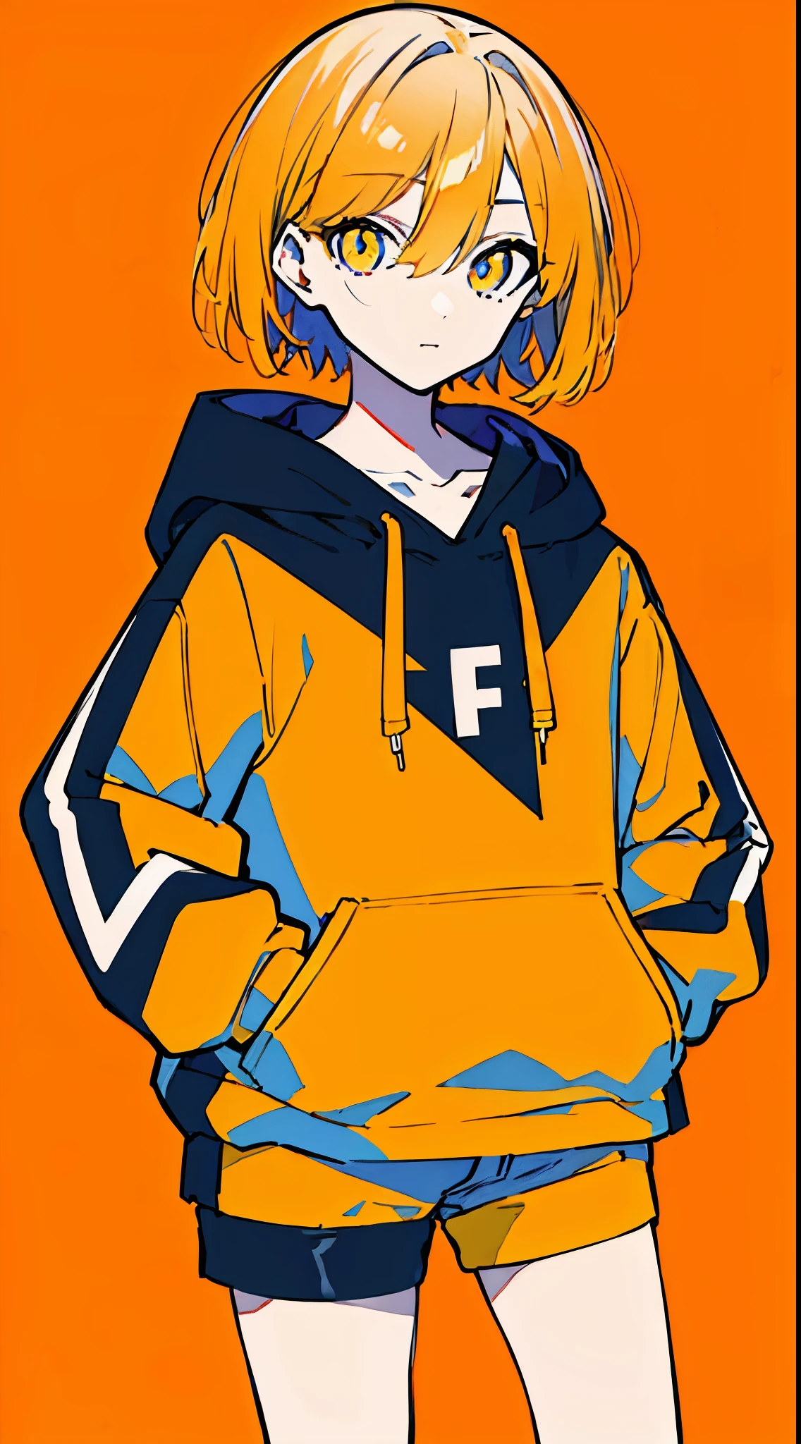 (masterpiece, highest quality:1.6), alone, thick outline, (simple background, light orange background, monochrome, light orange theme:1.2), official art, Key Visual, 8K, disorganized, whole body, (unique hair, Oversized Hoodies, hot pants, arch back, short torso:1.2), belly button, thighs, cowboy shot, HDR, sharp focus, High resolution, most detailed, very detailed, Super detailed, finely, detailed eyes and face, sharp pupils, realistic student, solo, orange and white contrast, solo, hands in pockets