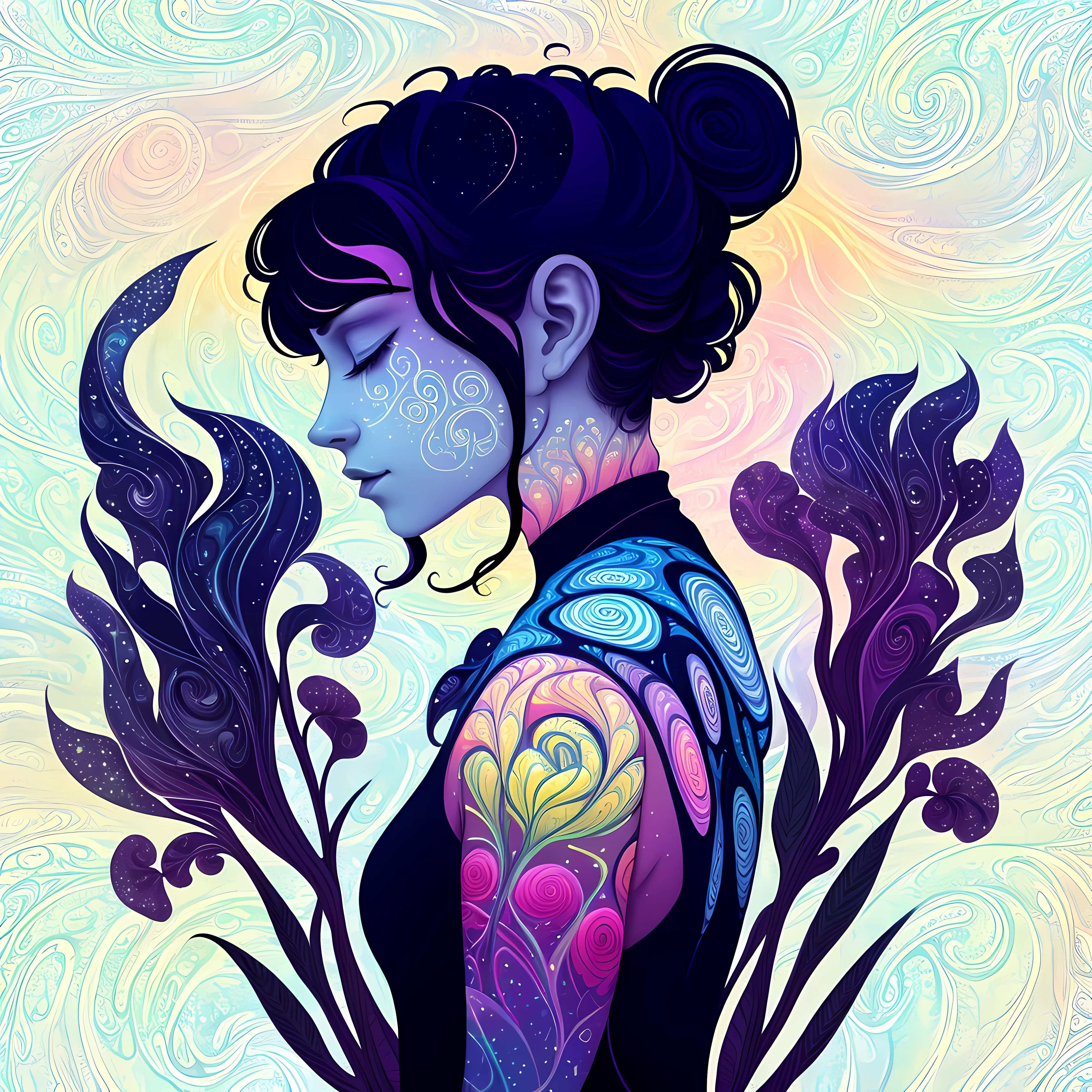 a woman with a flower in her hand and a swirly body, jen bartel, psychedelic aesthetic, trippy art, a beautiful artwork illustration, flowers grow from the body, inspired by Cyril Rolando, in the astral plane ) ) ), cosmic bjork, ethereal flowerpunk, psychedelic illustration, james r. eads, side profile artwork, digital art style