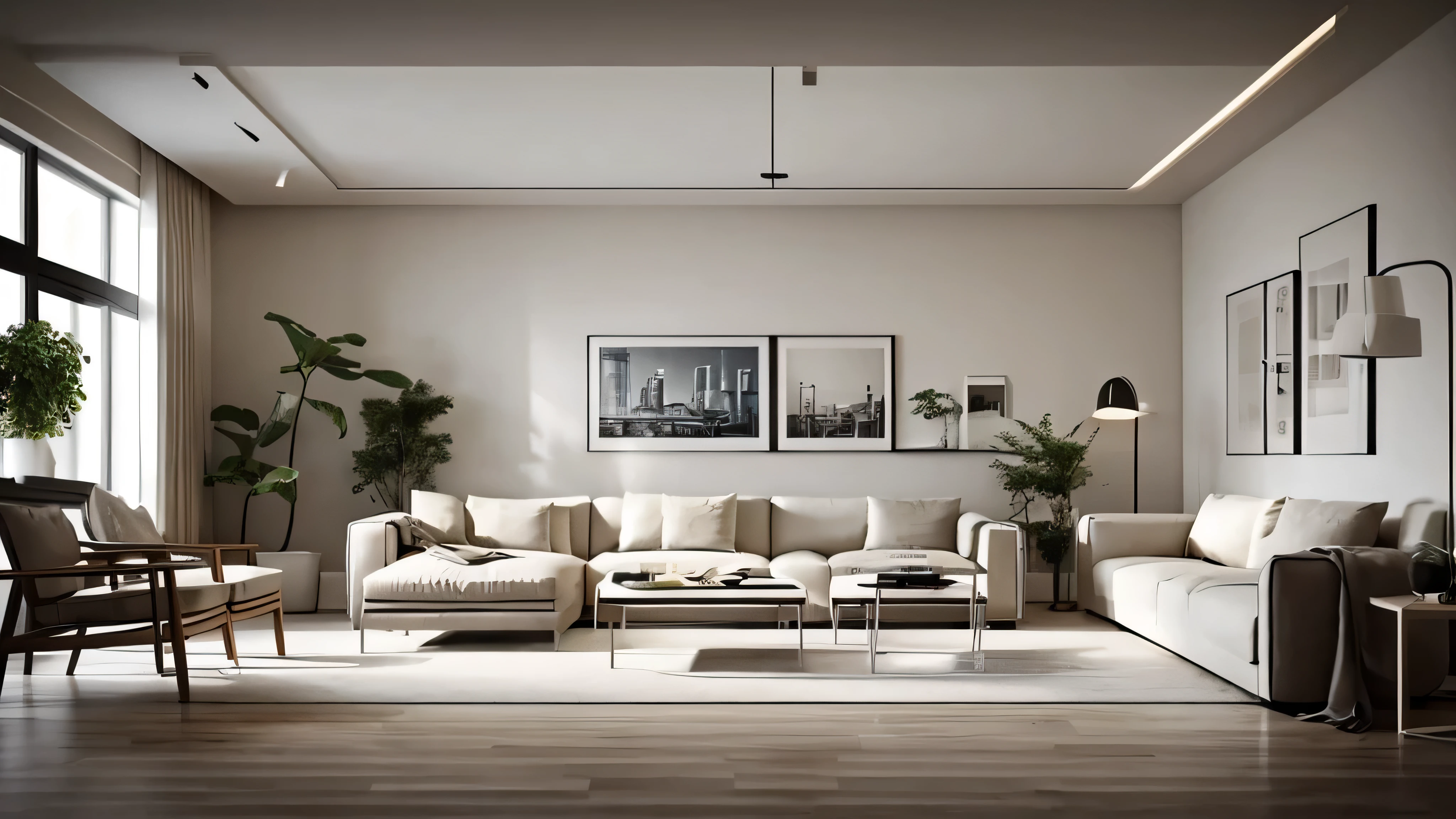 A minimalist living room in a close confined space, the only light source is a fluorescent light tube on the ceiling, add some furniture and decorate items from IKEA, more lamp, add picture frame.