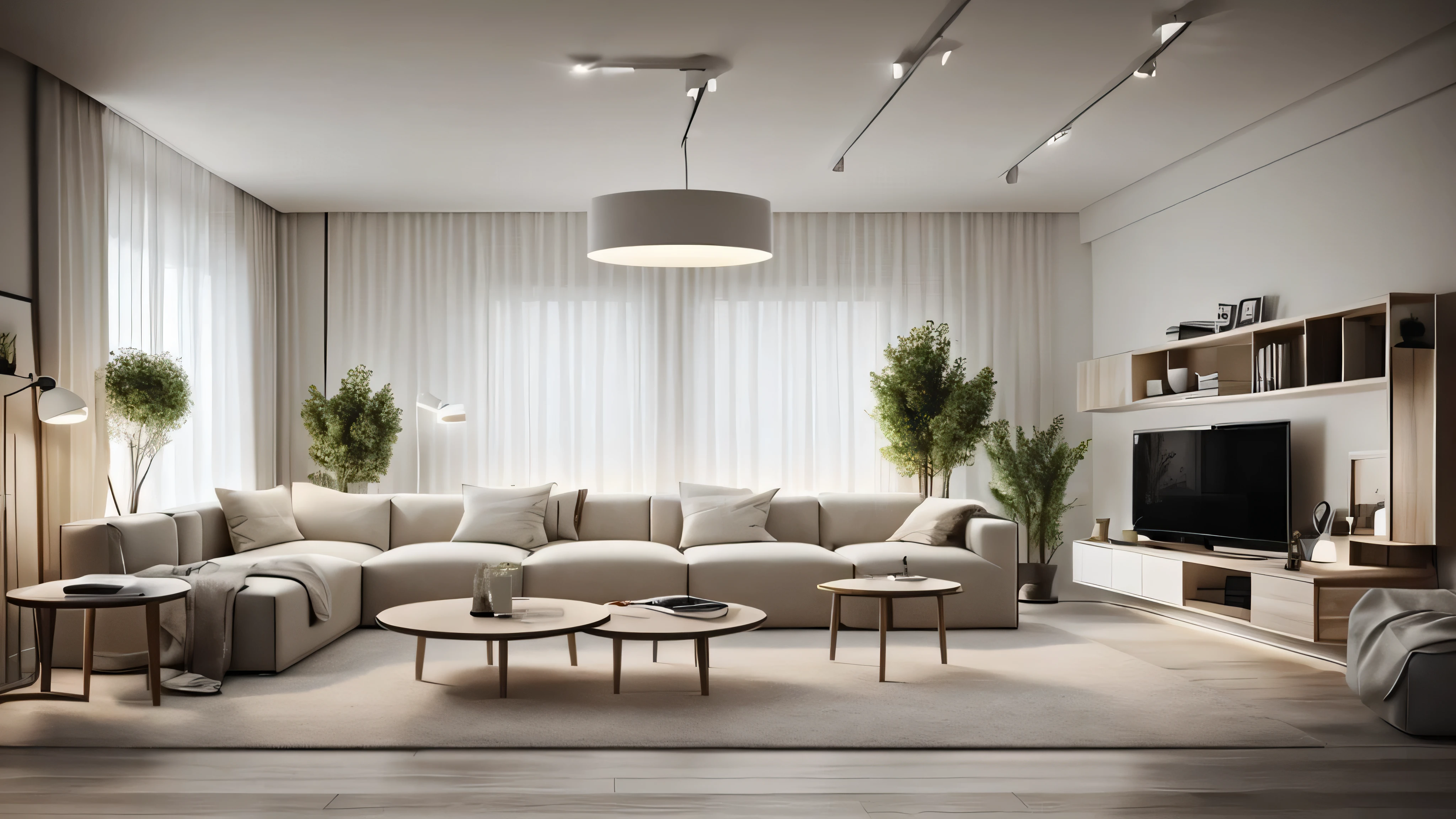 A minimalist living room in a close confined space, the only light source is a fluorescent light tube on the ceiling, add some furniture and decorate items from IKEA, more lamp, add picture frame.