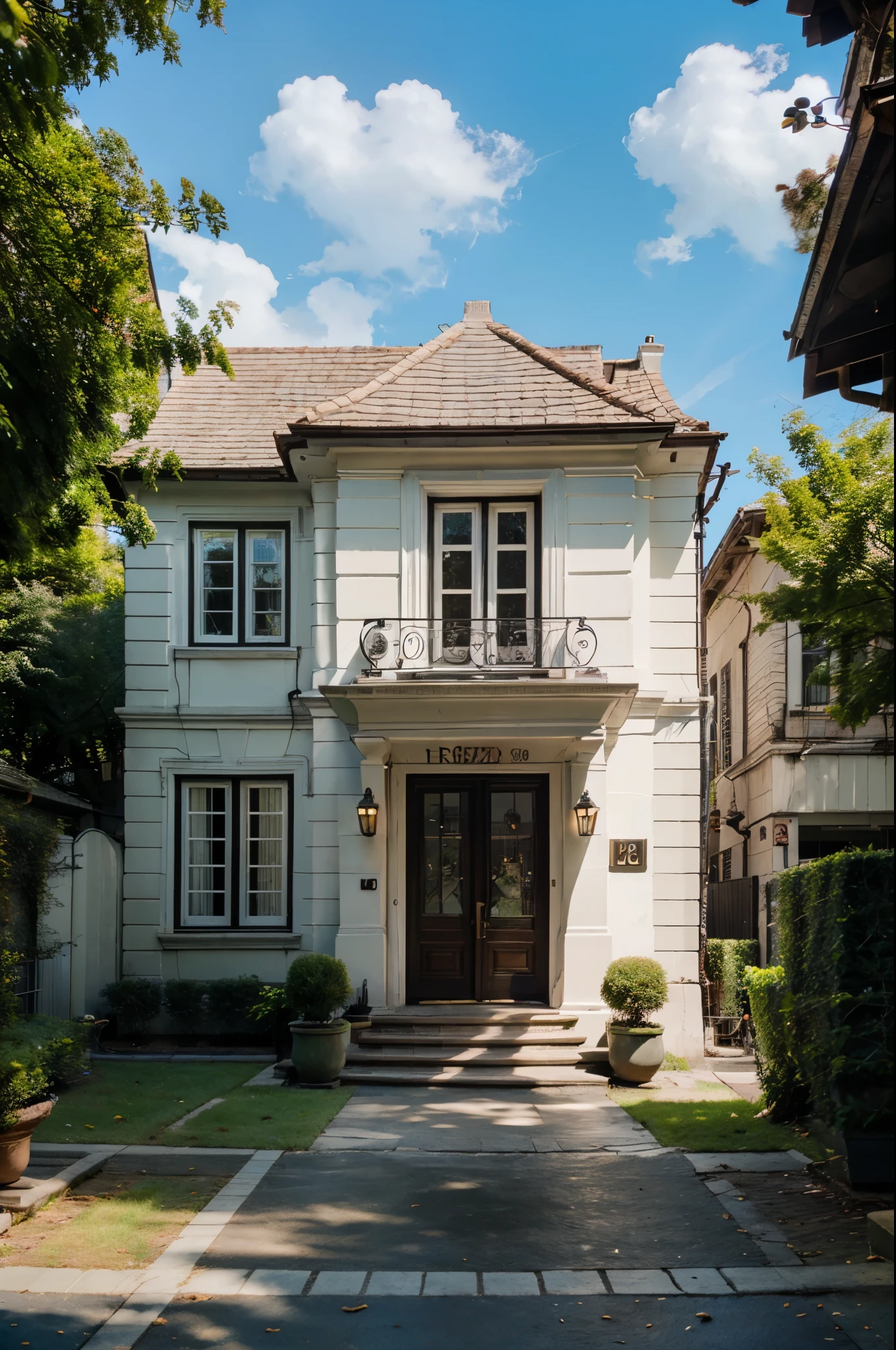 ((Classic Style House)), building,masterpiece , best quality, RAW photo, subject, 8k uhd, dslr, soft lighting, high quality, film grain, Fujifilm XT3, outdoors, sky, day, cloud, tree, blue sky, ground vehicle, building, scenery, road, lamppost, real world location,, door,entrance, beam,column, window,trees, sunlight, public blocks,daytime, mountains, lively city streets, enough detail, high resolution, 8k, HD, super realistic, Photorealistic, highly detailed, door, steps,
