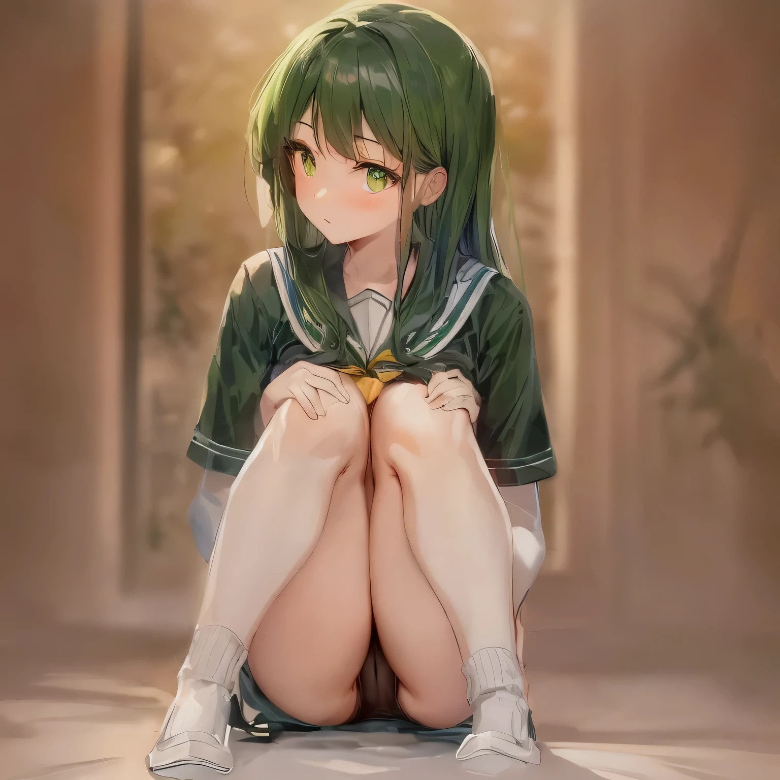 masterpiece, highest quality,shape,sailor suit,slanted eyes,straight hair,super dense skin,beautiful and detailed eyes,short sleeve shirt,bright green eyes,(medium breasts:1.1), (A raised and well-defined bust:1.1), (lifted chest:1.2), (perky chest :1.1),high school girl,Please sit down,high socks,loafers,Highly detailed black panties,night,in the forest,Afraid,Green long-haired