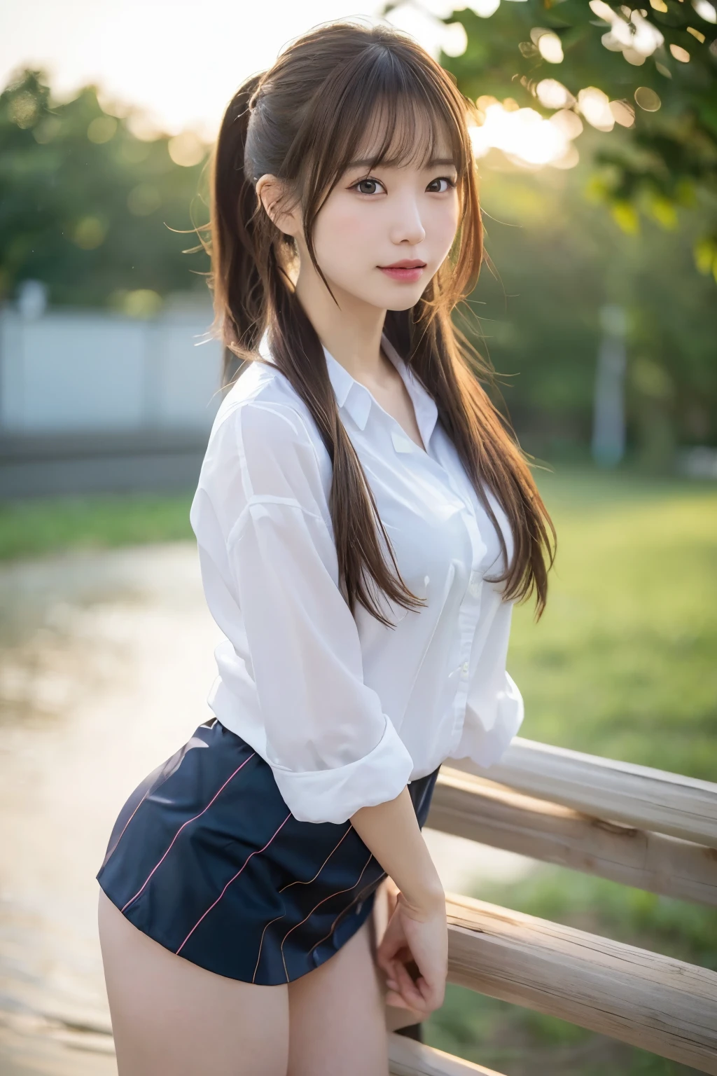 (8k, RAW photo, best quality, masterpiece:1.2), (realistic, photo-realistic:1.4), (extremely detailed 8k wallpaper),
professional lighting,
sharp focus, depth of field, blur background, bokeh,
profile,
Japanese high school girl, slender,
cowboy shot,
ocean, summer,
Daytime,
brown long hair, hight ponytail,
suit ,mini skirt,
laugh,