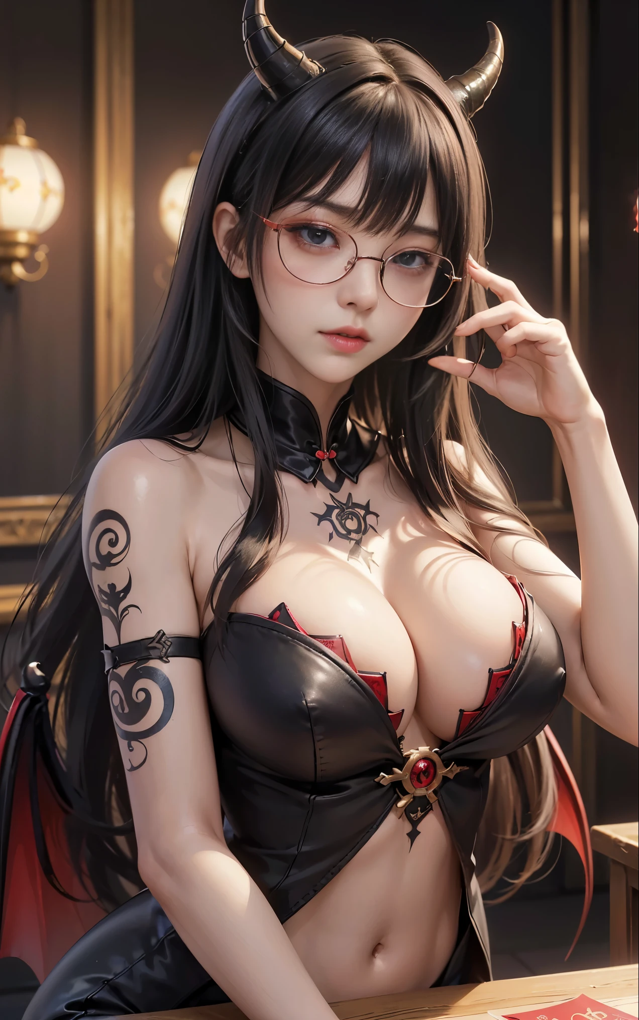 Are you okayですかですか、(best illustrations)、8k UHD resolution、intricate details、highest quality、realistic、Super detailed、best lighting、best shadows、soft lighting、Ultra HD、超realistic、Tyndall effect、Photoreal、(high detail skin:1.2)、 (intricate details, compensate, face to face with the children_v1:0.5), (Are you okay, beautiful and delicate face, Are you okayですか, beautiful and delicate eyes, perfectly proportioned face, high resolution skins, fine skin, Optimal ratio of 4 fingers and 1 thumb, arm under chest, red tattoo on lower abdomen、wow wow, wide hips, smooth abdomen, thin and thin skin, __fashion__, __hair__:1.25)、Digital single-lens reflex camera、 absurd、(table top: 1.3), (maximum resolution: 1.2), (Ultra HDTV: 1.2), cinematic light, fine eyes and skin, detailed facial features, , (sharp focus: 1.2）, (focus on face:1.2),perfect style, beautiful face, acura, anatomically correct, Highly detailed face and skin texture, fine eyes, double eyelid, thin eyebrows, glitter eyeliner: 1 natural cheeks, Glossy skin, Fair skin: 1.2, (glossy lips: 1.4),(embarrassed look: 1.2),Highly detailed face and skin texture, fine eyes, double eyelid, natural cheeks,  glossy lips: 1.4,exposed cleavage、Bewitching。Charm、 Beautiful devil woman from hell, Surreal female portraits by David Hockney and Alphonse Mucha, Charm女性の肖像画、fantasy art, chinese doll、Chinese actress、dungeon、dragon、devil&#39;Palace of、devil&#39;torture chamber、night、dark style 、in the dark、(detailed spooky background:0.8), magic、 1 girl、evil nun、dark necromancer、Succubus、devil&#39;Daughter of、Shinonome Umi、bat wings，(((devil&#39;horn)))、 ((((giant glasses, otaku glasses, thick glasses, round glasses)))),(((big breasts)))、(devil&#39;tail of)、(red eyesは光り輝いて:1.6)、red eyesは非常に鮮明で詳細です, Your eyes are made up so beautifully, ((red eyes:1.0)),intricate tattoo, demonic intricate tattoo, Tattoo on the thigh, body tattoo, masterpiece、最もbeautiful face、baby face、cute smile、beautiful plump red lips、筋肉のCharm体、devilのCharm体、devil style、Charmブラックマジックコスチューム、The long-haired、Braid、Black hair、Ponytail distortion、, Ponytail with a bow tied at the back of the hair, beautiful expression、body up、big breasts強調、bust,  super tight chest, Breast augmentation surgery, The chest is very large and round,tight waist、wide ass、 private key, cowboy lens, (Black Phoenix Dress: 1.0),  devil crown,  red sparkling gemstone necklace、Jewelry G Wise,  Please wear black mesh socks,Wearing light red、nffsw, nffsw, meet beautiful girls, looking at girl&#39;body of,