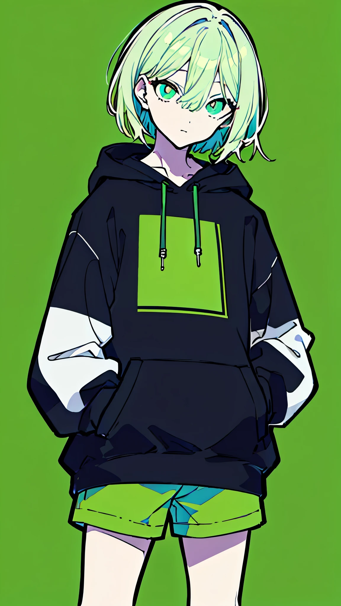 (masterpiece, highest quality:1.6), alone, thick outline, (simple background, light green background, monochrome, light green theme:1.2), official art, Key Visual, 8K, disorganized, whole body, (unique hair, Oversized Hoodies, hot pants, wearing a hood, arch back, short torso:1.2), belly button, thighs, cowboy shot, HDR, sharp focus, High resolution, most detailed, very detailed, Super detailed, finely, detailed eyes and face, sharp pupils, realistic student, solo, green and white contrast, solo, hands in pockets