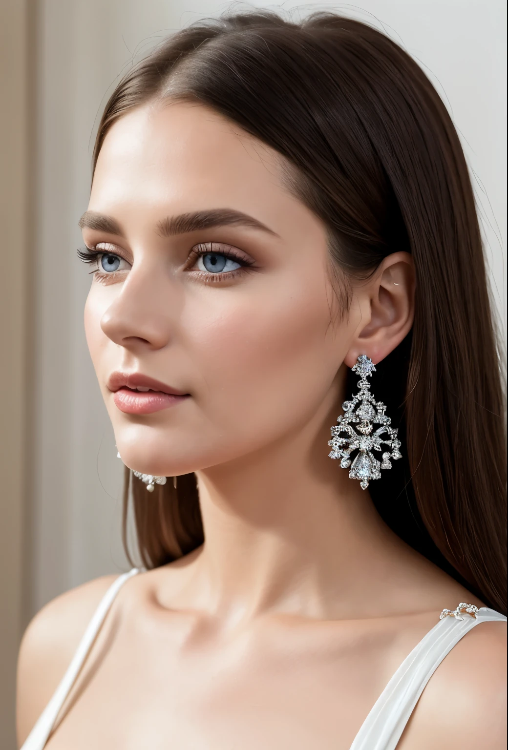 (masterpiece, best quality), intricate details, realistic, photorealistic, a close up of a woman wearing earrings, inspired by Emma Andijewska, draped in crystals, silver color, long earrings, sandra chevier, huge earrings, 2019, blue-eyed, platinum jewellery, earring, flawless structure, silver earring,  naked