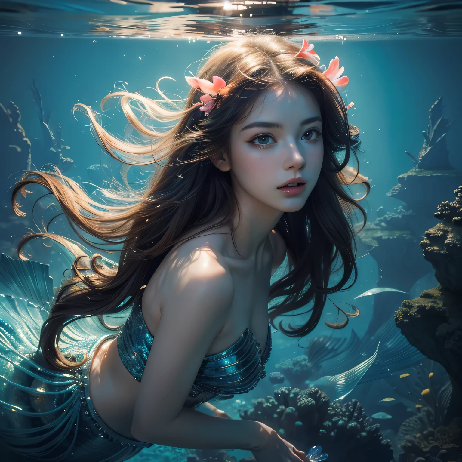(Best Quality, Masterpiece: 1.4), a breathtaking underwater scene in 4K resolution, intricately detailed and ultra-detailed digital art, very realistic and lifelike, (detailed facial features: 1.2), (ultra-detailed eyes: 1.2) with expressive irises and sparkling reflections, a mermaid with long flowing hair adorned with pearls, her tail fin gracefully moving in the water, surreal and whimsical, (absurdity: 1.2) touches of fantastical elements such as glowing jellyfish and vibrant underwater coral, a true masterpiece of digital art,