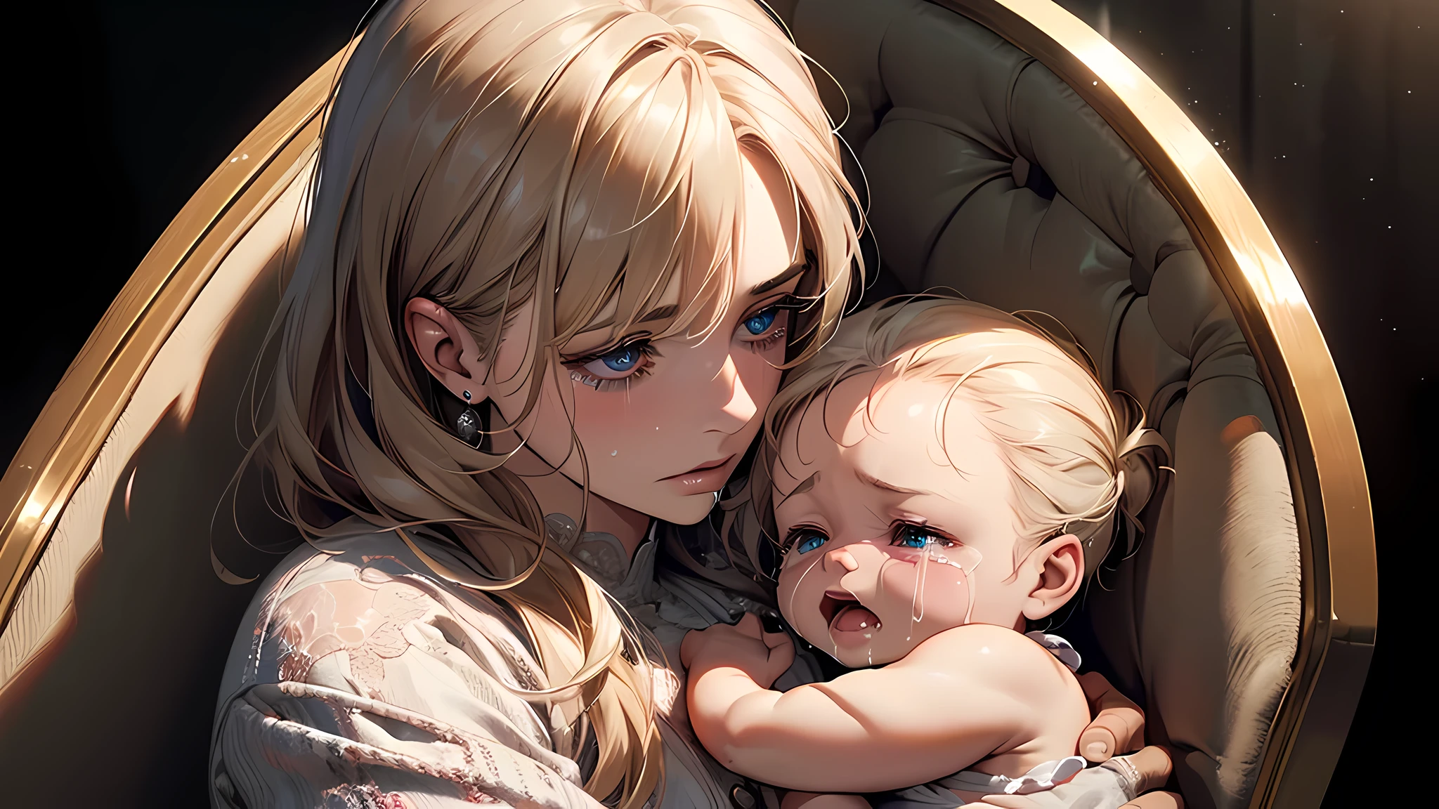 ((ultra realistic, top quality, super definition, high definition)), woman, mother, with 2 month old baby on her lap crying, in the dark room, crying about not being able to make him sleep, detailed face, detailed eyes, detailed nose
