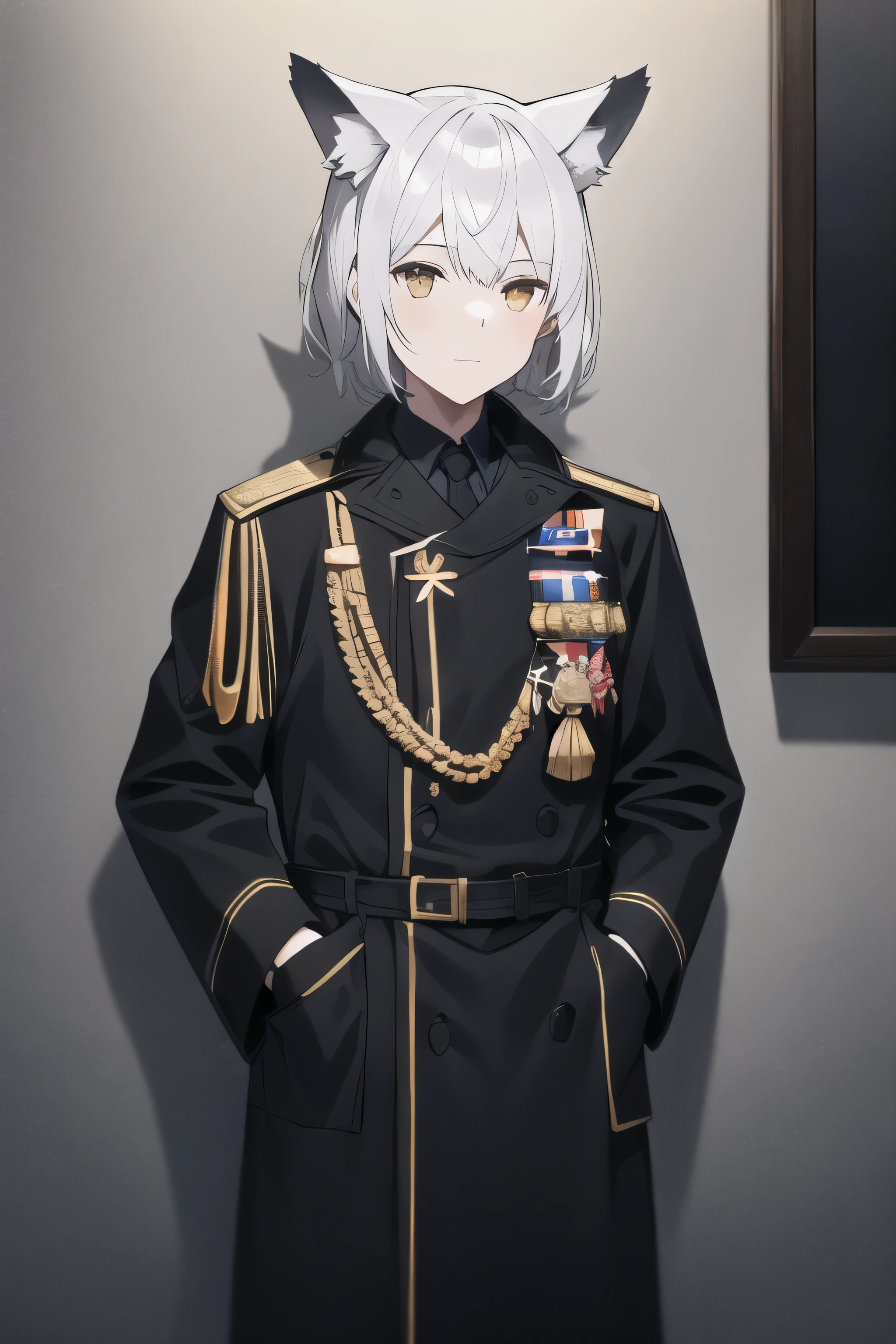 Masterpiece,1girl, Solo, standing, inside a spaceship, brown military officer clothes,white gloves, best quality, commander, brown coat, black boots, hands on the pocket, cowboy shots, gold badge, white hair, wolf ears,brown ears, short hair, mechanical ears, gold emblem on the wall, monocle on right eyes, hat, Japanese flag, portrait pose, medium sized breast
