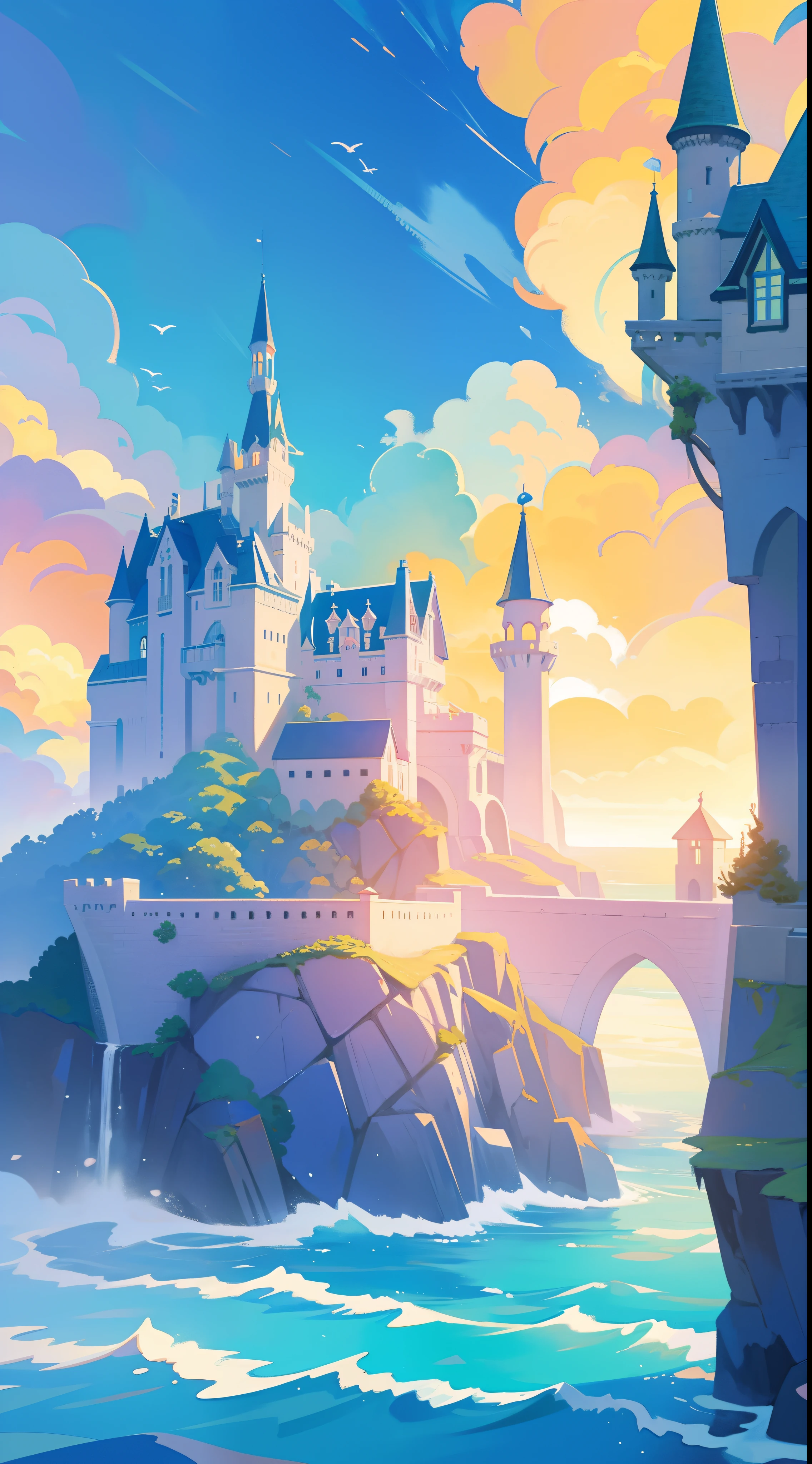 Picture book illustration, watercolor storybook illustration, oceano castle, (beira-mar castle), Torres, arcos e pontes, cores pastel vibrantes, sonhar, colorida, caprichoso, magical, obra de arte, melhor qualidade, sharp focus, ambiente intrincadamente detalhado, detalhe fino, 8k resolution, (oceano), (beira-mar), horizonte