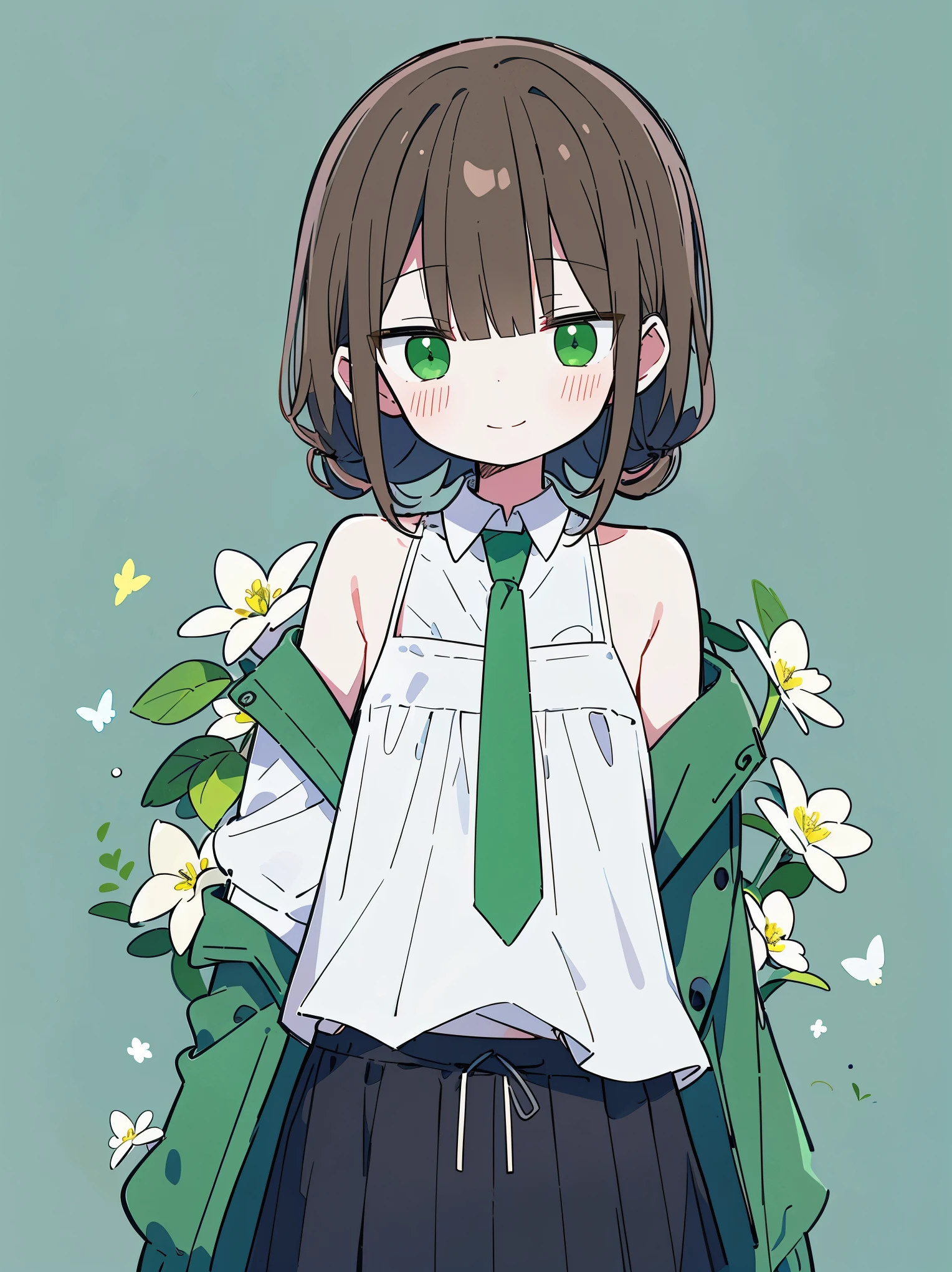 a , brown ponytail, white skin, short man, green eyes, masterpiece, punk jacket, white shirt, green tie, open shoulders, Open sleeve, light smile, flower, quiet, restrained, (concept art)