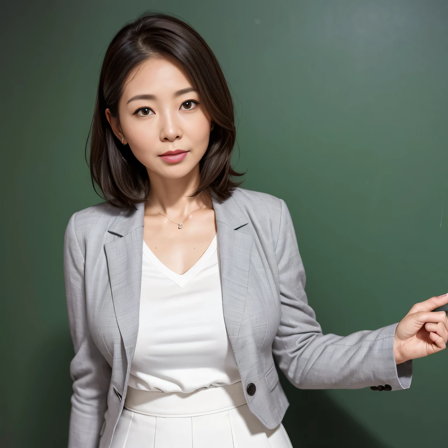 High resolution, High level image quality, high detail, masterpiece, rough skin, anatomically correct, sharp, 
classroom background, 
((japanese mature, 50 years old)), alone, ((facial wrinkles)), good shape big breasts, Straight light brown hair that reaches to the shoulders, 
(((write on the blackboard,))), Staring straight ahead with an open mouth and a tired face, 
((gray blazer, white blouse, white skirt,)) 