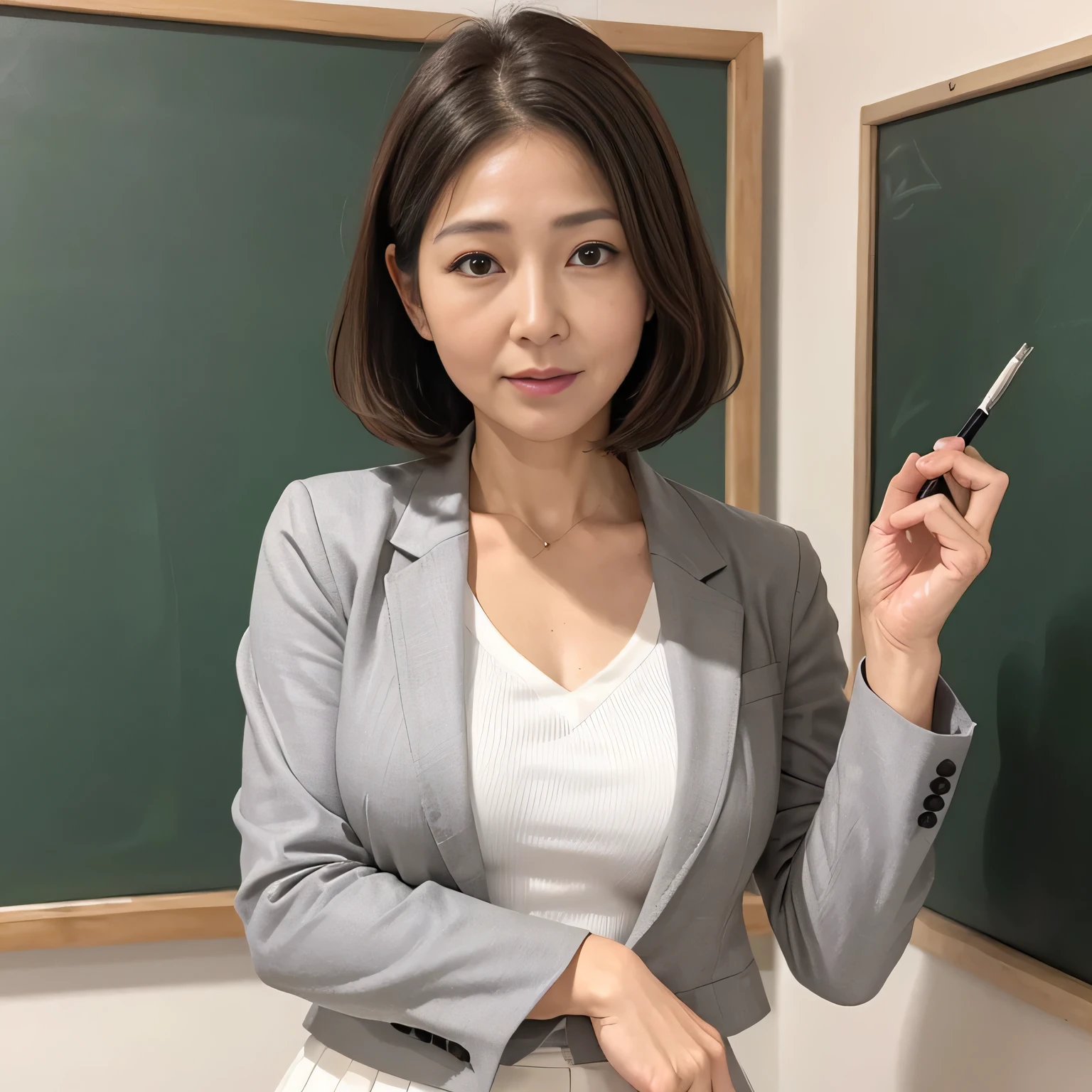 High resolution, High level image quality, high detail, masterpiece, rough skin, anatomically correct, sharp, 
classroom background, 
((japanese mature, 50 years old)), alone, ((facial wrinkles)), good shape big breasts, Straight light brown hair that reaches to the shoulders, 
(((write on the blackboard,))), Staring straight ahead with an open mouth and a tired face, 
((gray blazer, white blouse, white skirt,)) 