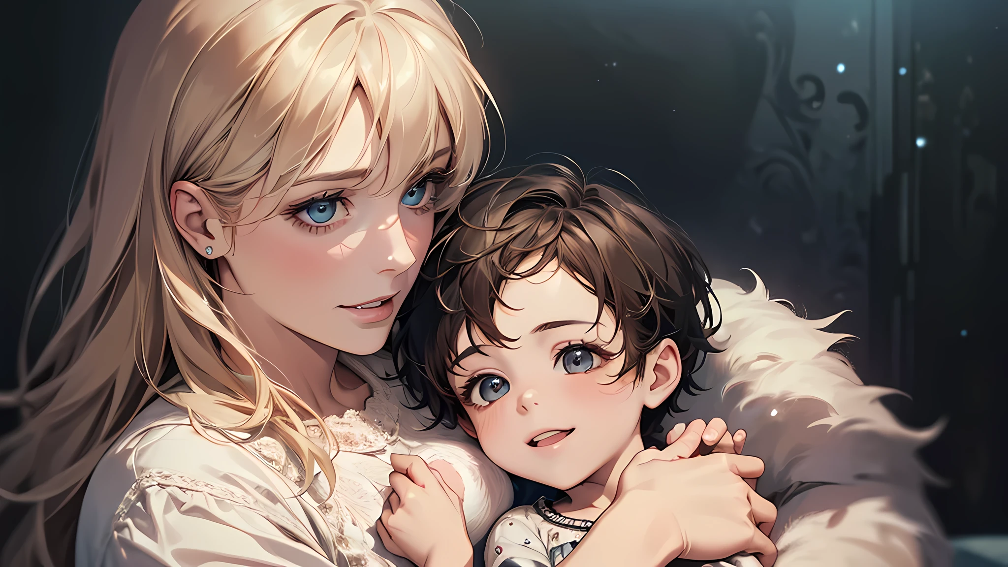 ((ultra realistic, top quality, super definition, high definition)), woman, mother, with 2 on her lap, in the dark room, detailed face, detailed eyes, detailed nose
