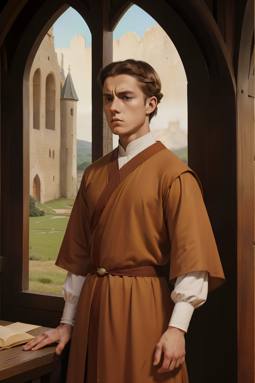 England, 1327. A young ((((21-year-old)) Godwyn)), monk, angular features, cold eyes, at the monastery, ((frustrated and angry expression)). ((((monk clothings from the 1300s)))), ((light chestnut hairstyle of the 1300s))