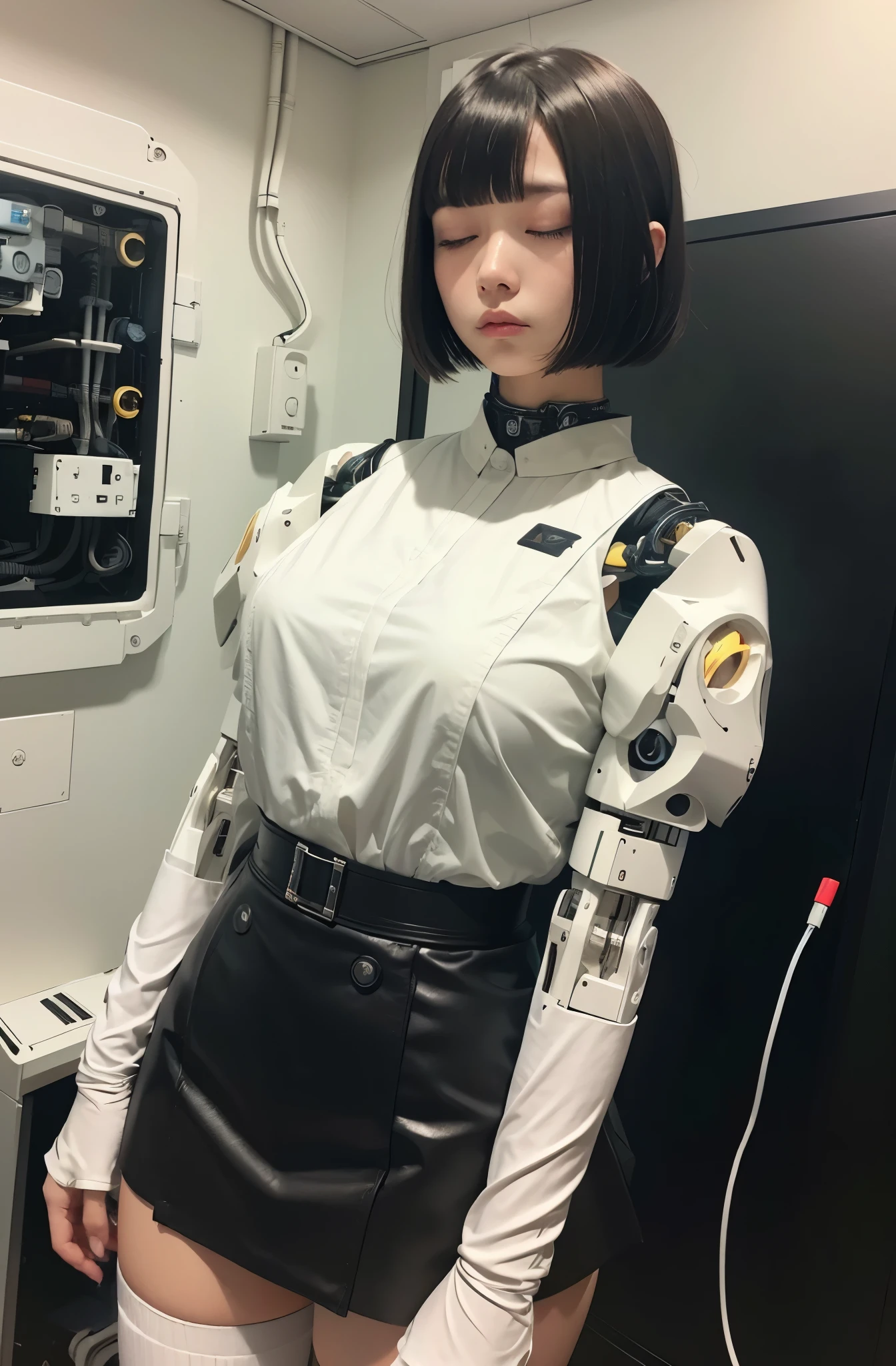 masterpiece, best quality, extremely detailed, Japaese android girl,Plump , control panels,android,Droid,Mechanical Hand, Robot arms and legs, Black hair,Blunt bangs,perfect robot girl,long tube,thick cable connected her neck,android,robot,humanoid,cyborg,japanese cyborg girl ,future laboratory,connecting a cable between the legs,skirt, high socks,bobcut(sleep mode:1.5)(closing eyes:1.5)