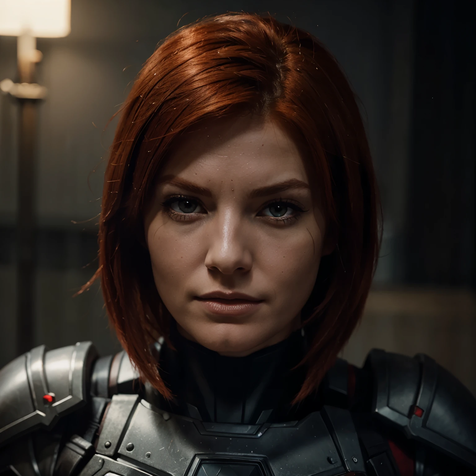 Red head femshep, wearing damaged armor, night time up close portrait 