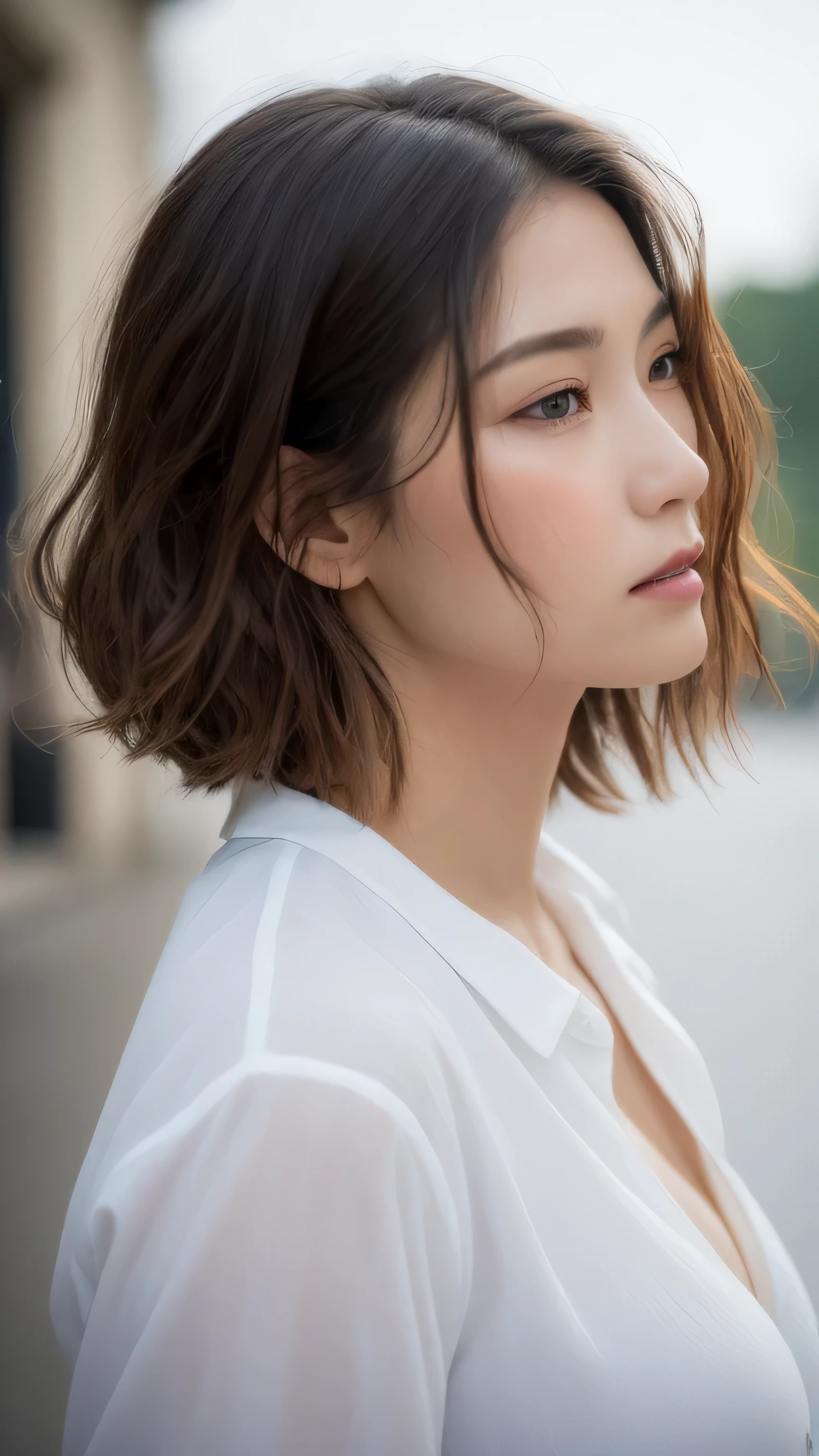((highest quality, 8K, masterpiece: 1.3)), sharp: 1.2, perfect body beauty: 1.4, slim abs: 1.2, ((layered hairstyles, big breasts: 1.2)), (Wet White Button Long Shirt: 1.1), (rain, street: 1.2), Wet: 1.5, Highly detailed face and skin texture, fine eyes, double eyelid, side view looking at camera