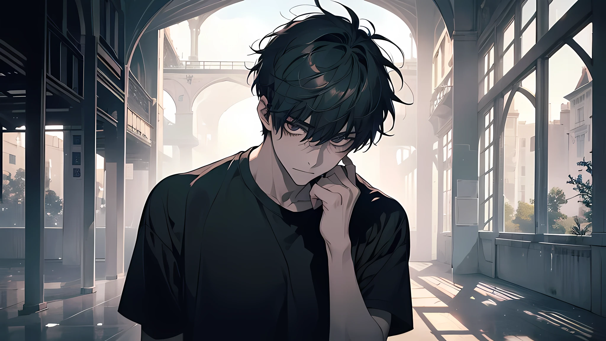 (1 guy:1.3) (in depression+social phobia+schizophrenia:1.1), (one color:1.2), shadows everywhere, portrait, short hair, (haughty:1.4), clouded look, black color in background, t-shirt,
Even if the whole world would turn its back against Kouki, I will protect him till the end. I will never let him cry. 