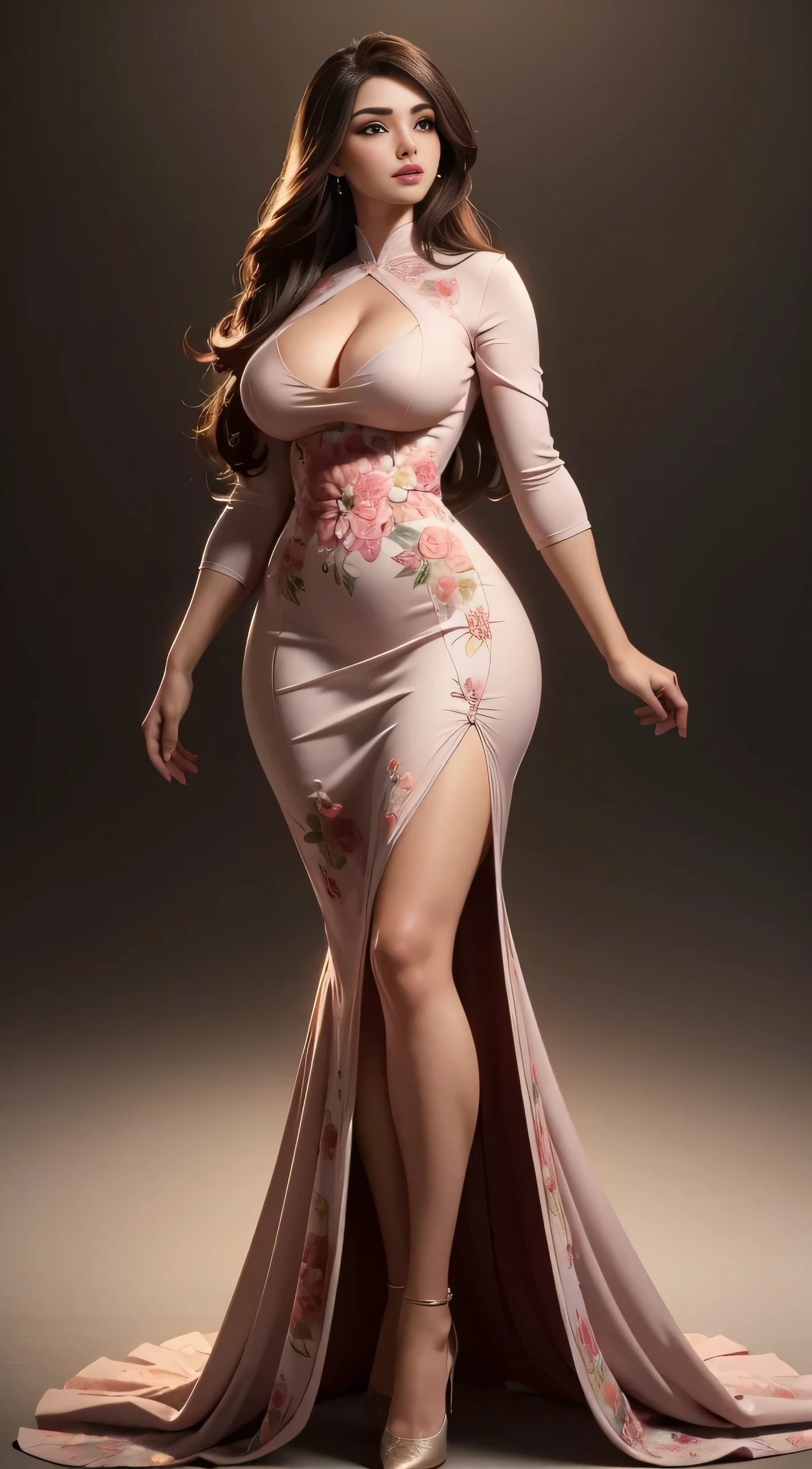 (best quality, ultra-detailed, realistic:1.37),portrait,voluptuous woman,flower,tight dress, Random dress color, passionate look,large buttocks,vibrant colors,soft lighting, standing, full body view, extreme tall, long legs, very tall, tall, 