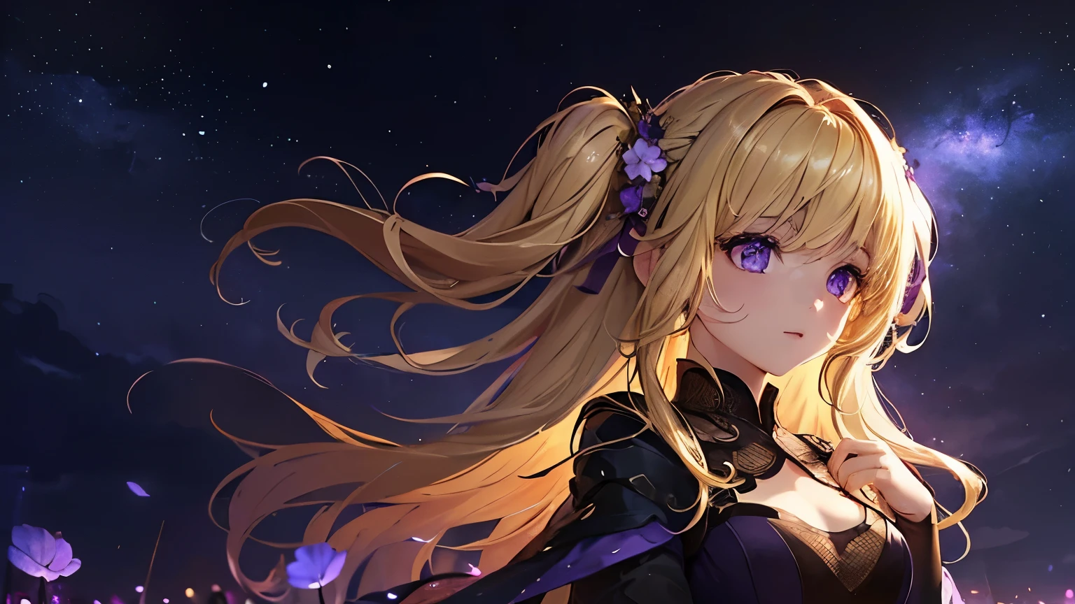 1girl,sense of deps,disorganized,catch light,Super beautiful illustrations,((beautiful blonde,Two Side Up Hairstyles:1.3)),((Beautiful purple eyes:1.2)),;D,beautiful and delicate flowing hair,emphasized chest,night sky,Meteors