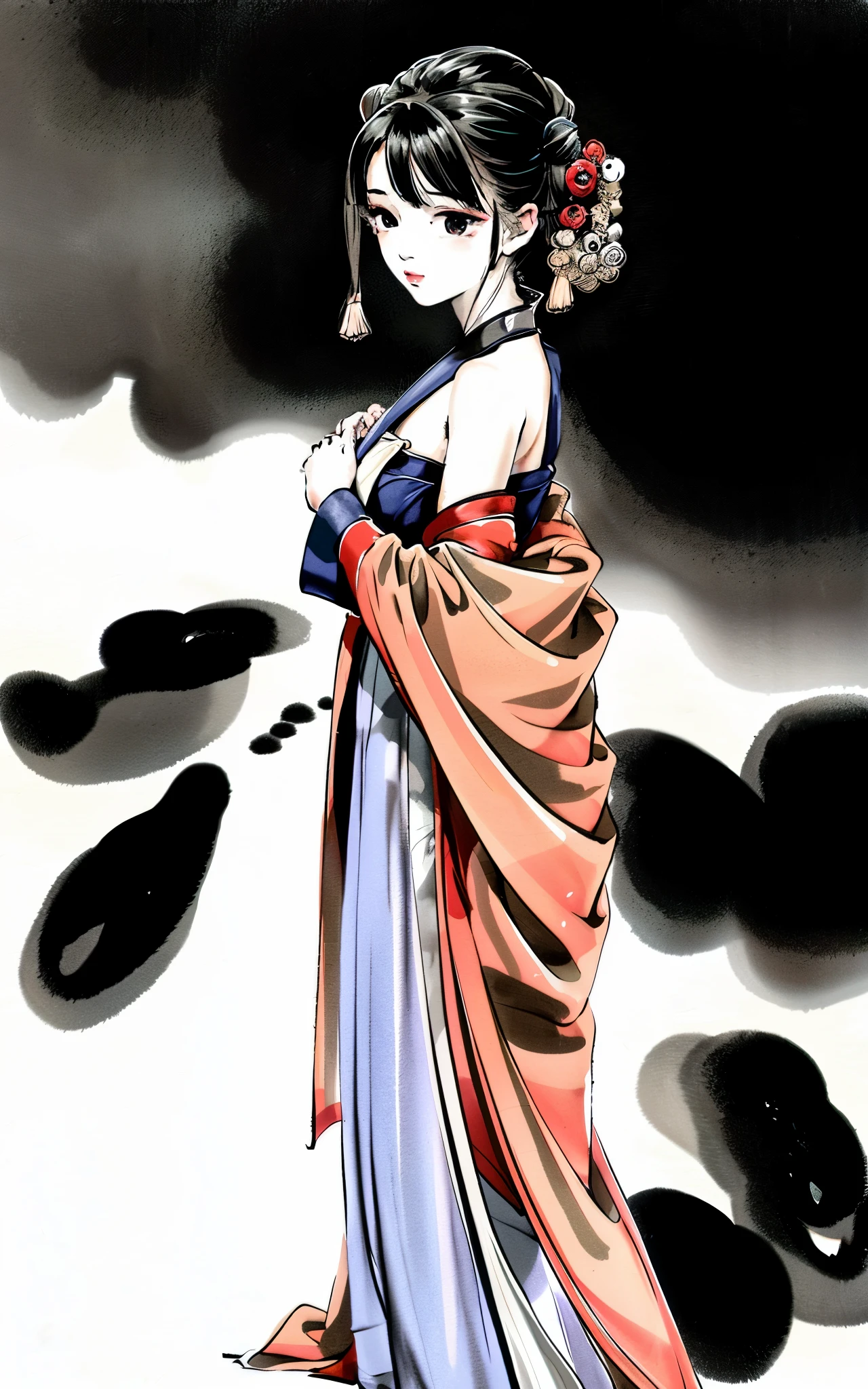 ink painting,A woman stood,Wearing a princess dress, Vision, (masterpiece, best quality:1.2), 中国传统ink painting, peaceful, (Smile), looking at the audience,song