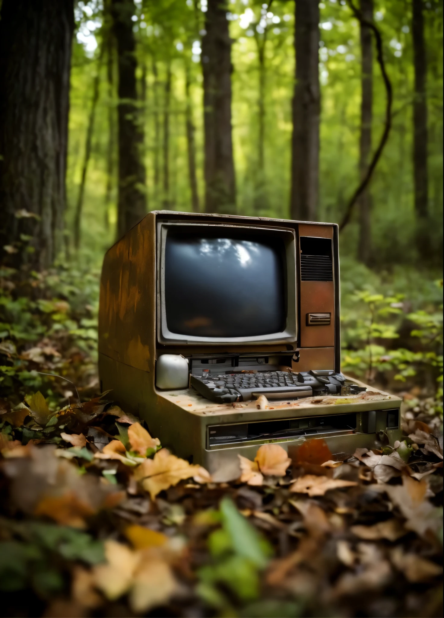 Retro MAC desktop computer abandoned in the woods, canon EOS 5D, extremely intricate detail, dramatic lighting, shot on Leica, moody aesthetic