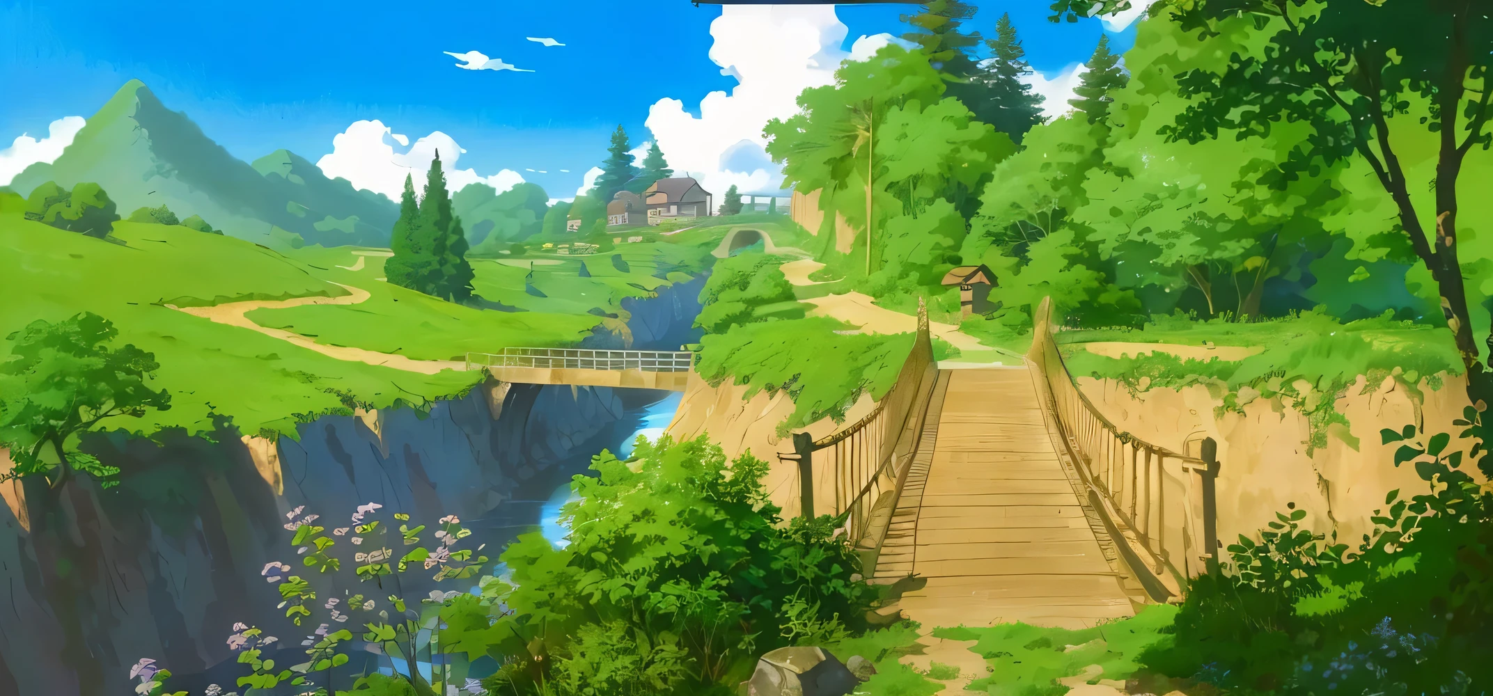 There is a photo of a bridge over a river in the forest.., anime countryside scenery, beautiful anime scenery, anime background art, anime scenery, anime scenery, beautiful anime scene, Beautiful peace scenes in anime, nature of anime wallpap, anime background, studio ghibli landscape, nature of anime, studio ghibli environment, anime scenery wallpaper, anime scenery concept art, ghibli studio anime style