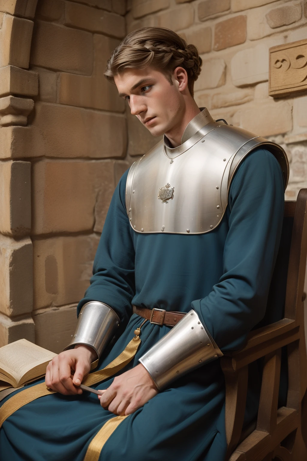 England, 1327. A young ((((24-year-old)) Thomas of Langley)), knight, handsome, tall, stern, injured, at the monastery, ((pain expression)). ((((clothings from the 1300s)))), ((hairstyle of the 1300s))