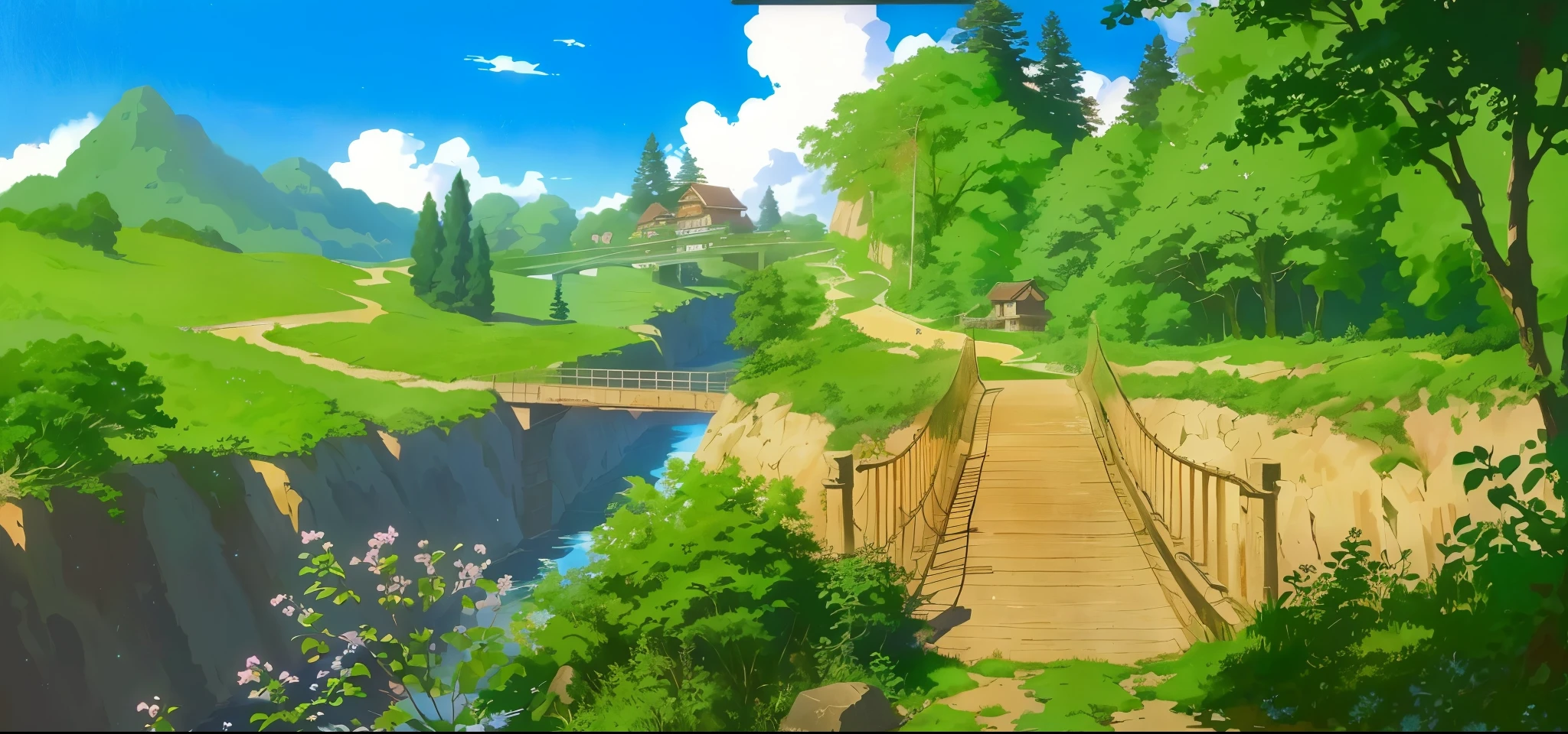 There is a picture of a bridge over a river in the forest., anime countryside scenery, beautiful anime scenery, anime background art, anime scenery, anime scenery, beautiful anime scene, Beautiful peace scenes in anime, nature of anime wallpap, anime background, studio ghibli landscape, nature of anime, studio ghibli environment, anime scenery wallpaper, anime scenery concept art, ghibli studio anime style