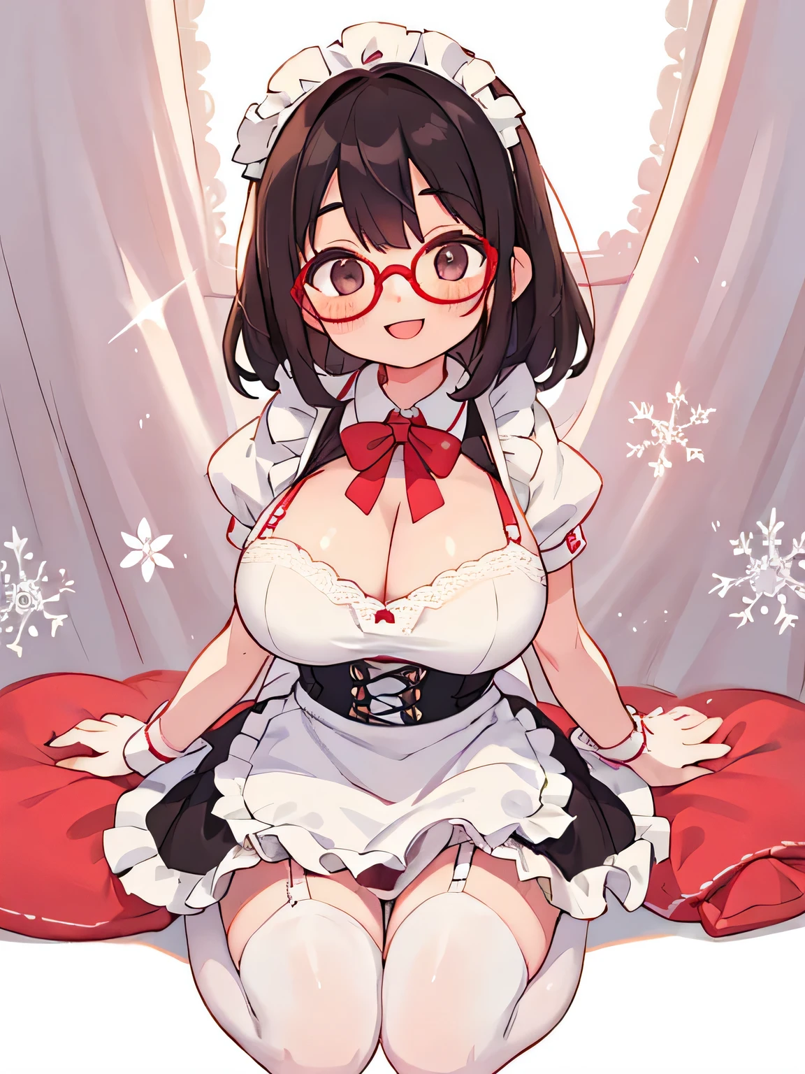 highest quality、detailed background、beautiful and detailed face、beautiful and smooth skin、skin texture、professional lighting、Beautiful girl、
Maid clothes、white lace apron、garter belt、Cute red glasses, (huge breasts: 1.2)、
smile、sexual expression、show your whole body、panty shot、open your legs、raise your legs、emphasize the chest