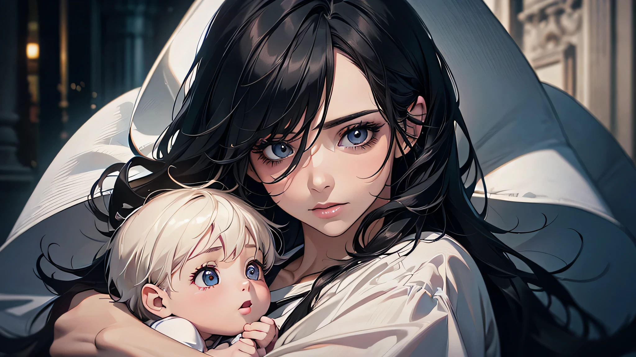 A father with his young daughter on his lap, they have purple eyes and black hair. . Both have calm expressions on their faces.. The scene is captured in a close-up, Highlight the detailed features of the models. The image is of the highest quality, With highly detailed elements, And a realistic or realistic style of presentation. The colors in the picture are vivid and vibrant, With a warm tone. The lighting in the landscape is soft and gentle, Lighting the subjects in a beautiful and attractive way..