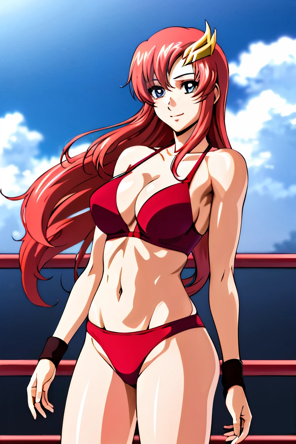 lacus4, (red bikini, red boots, arm band, floating hair), (masterpiece, flexing arms, one arm covered, very slim shoulders, 4K, Best Quality, Anime style: 1.9, happy, Adult Woman, (ultra detailed head), (arena, cloud background), Drawing lines, high resolution, lacus4), 1girl, Solo, curvy figure, Long hair, 鎖骨, scapular, (Detailed wide hair bangs, Hair Ornament, Detailed reddish-pink hair, shiny streaks, slim arms, detailed golden crest), , large hands, (hair cover shoulders). (Big blue eyes, shiny eyes), ((female wrestler, (slim body), standing, slim arms)), ((perfect proportions, medium breasts,elly)), ((red bra, neck band)), smile, (standing, hot colors), detailed fingers, (bare shoulders)