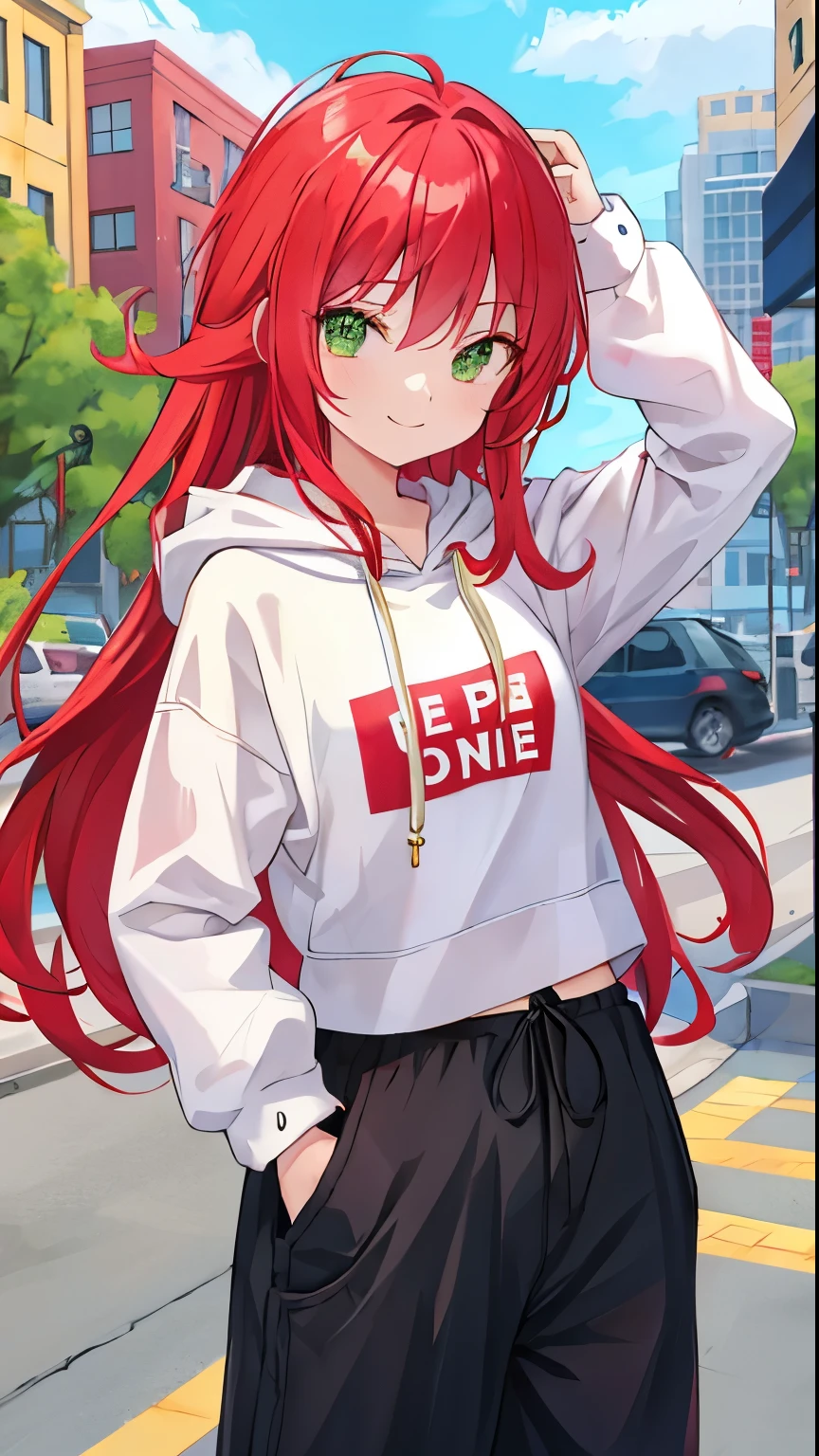 Pygmy   gentle expression(smile) Red hair(long hair) green eyes clothes(hoodie) pants(half pants)