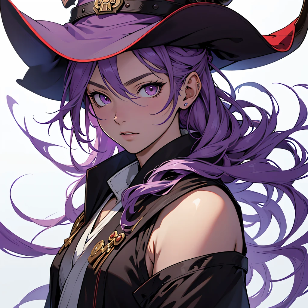 anime, masterpiece, best quality, by professional artist, male, 1girl, solo, upper body portrait, detailed composition, detailed eyes, plain white background, no background, dark purple hair, brown eyes, purple witch hat, black and red mage robe, horns