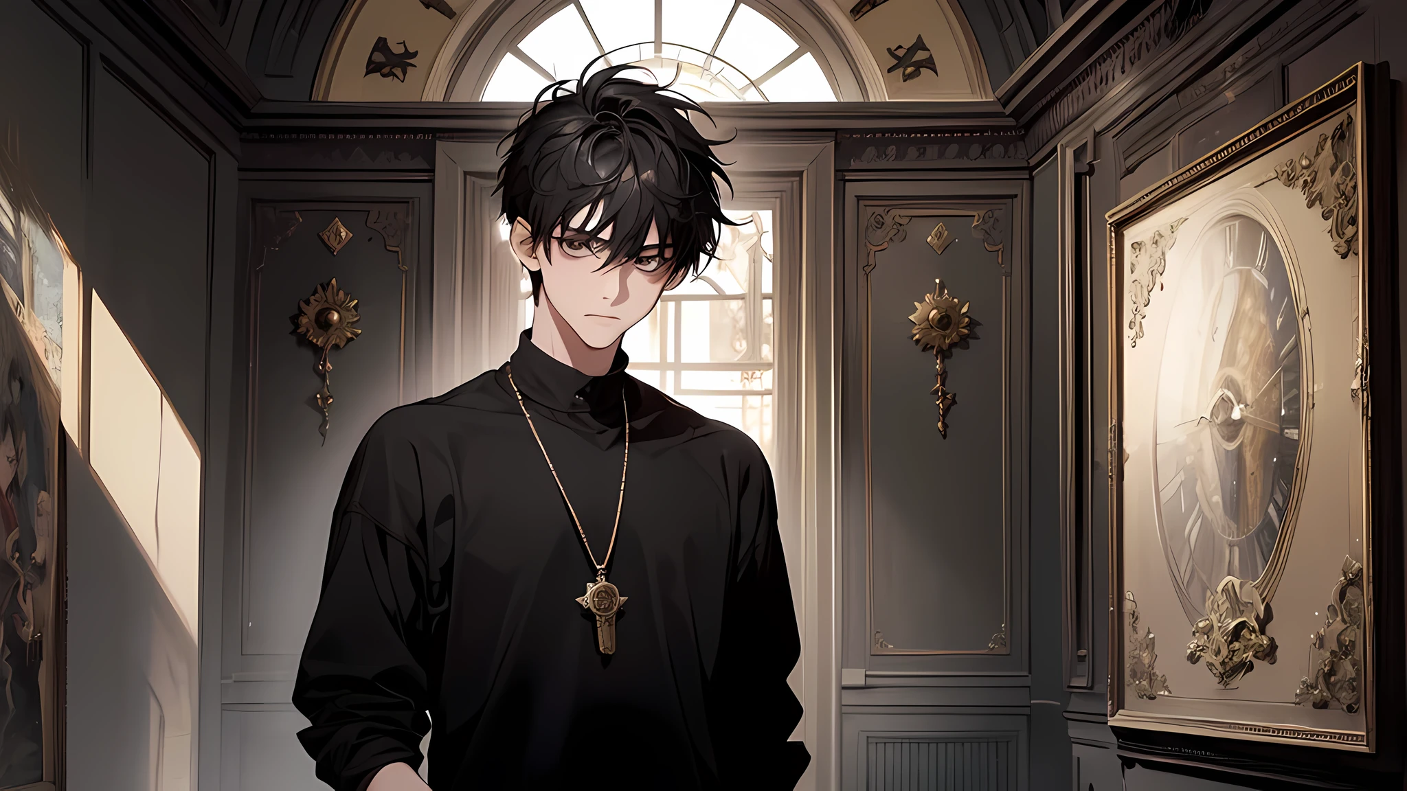 Absurd resolution, high resolution, (masterpiece: 1.4), hyper-detail, a 15 year old boy, messy short black hair, black casual clothes, eerie room, looking at the wall clock, perfect face, perfect body