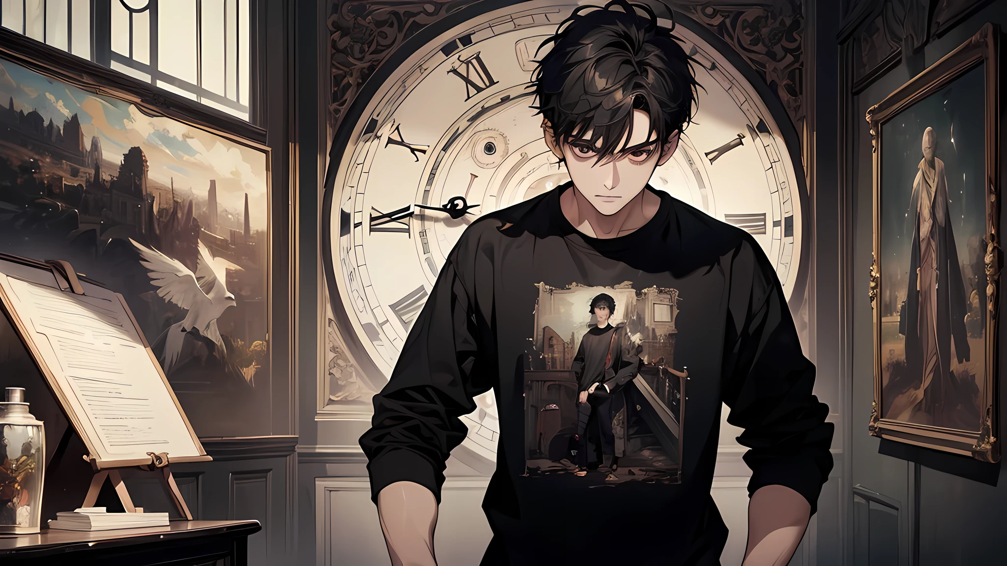 Absurd resolution, high resolution, (masterpiece: 1.4), hyper-detail, a 15 year old boy, messy short black hair, black casual clothes, eerie room, looking at the wall clock, perfect face, perfect body