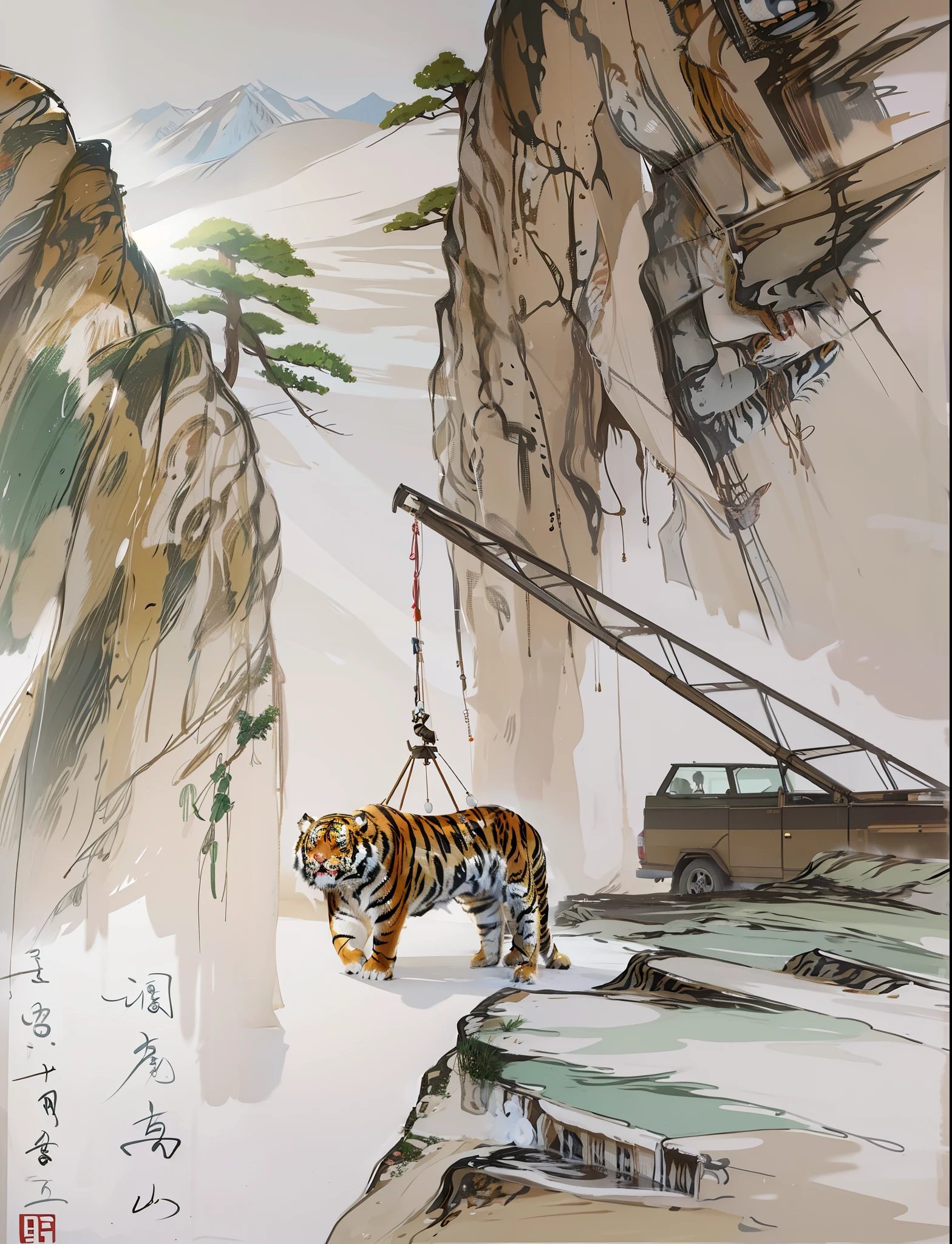 UHD,masterpiece,ccurate,textured skin,super detail,high details,high quality,best quality,highres,
(one tiger:1.5), outdoor, between mountains, crane, The tiger was hooked and hanging in the air, day, Sony FE, wide shot,