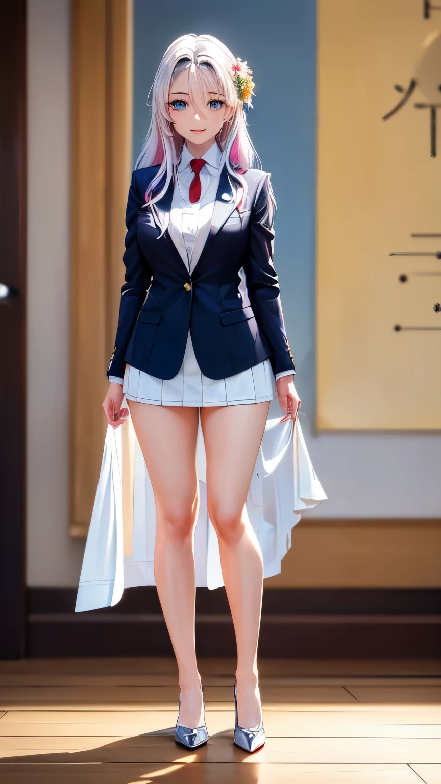 (full body view), anime, Estilo Anime Mulher Realista, (Blue-eyed Hungarian),  de 18 anos, ((blazer cinza, Amor, Minissaia dobrada marrom, Meias, calcinha branca)), University Classroom, Belo detalhe nos olhos, (tamanho dos olhos: 3/4) luz no rosto, (((detalhes intrincados))), ((Foto de corpo inteiro: 1.2)), Luz especialmente forte, (Olhos superiores, Sorriso sorridente: 1.2), pele brilhante, (((random hair color))), (coxas grossas), ulzzang-6500-v1.1: 0.2, Shy, (flash: 1.2), NSFW , (Inchado), ((postura sedutora: 1.2, atraente: 1.2)), (inativo), sentado em uma mesa: 1.2, ((boa anatomia: 1.2)), Sala de aula luminosa e refrescante, beautiful and symmetrical face, natural side lighting, 8k, Fotos RAW, Qualidade superior, Obras-primas, RAW color photos high definition professional close-up photos, (realista, fotorrealismo: 1.37), (mais alta qualidade), (sombras claras de alto contraste), (better illustrations), (erotic, sexy, ultra-high resolution, 8K HD Unified CG Wallpapers, Physical representation, film lighting), ((Canon EOS R50 camera with 50mm lens))