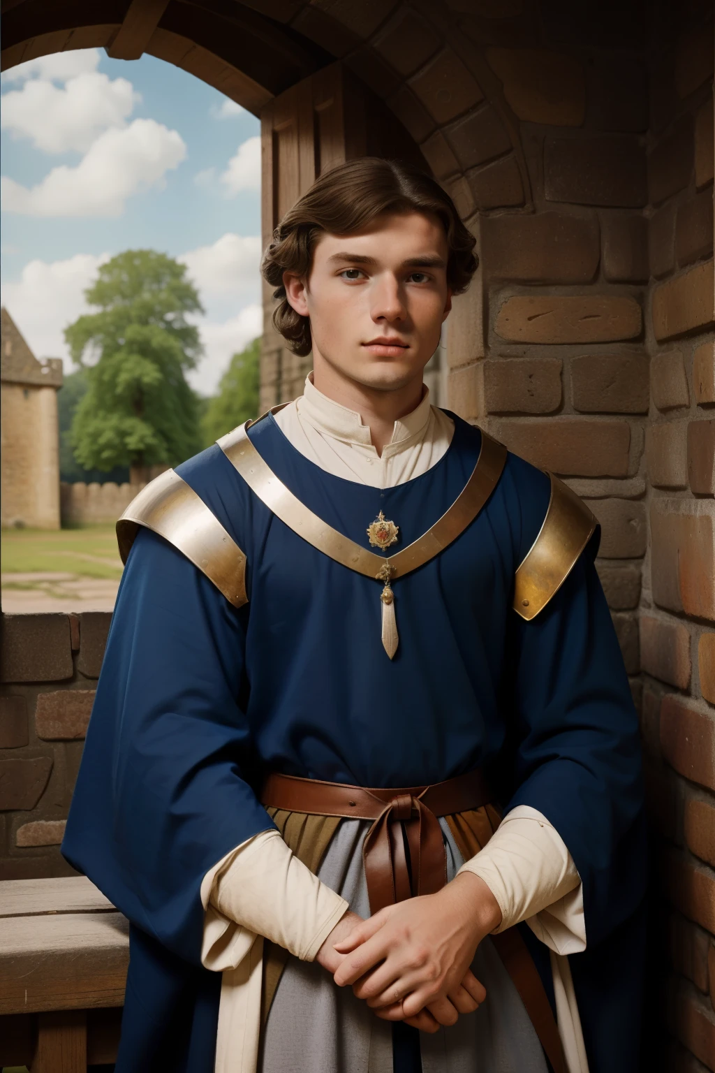 England, 1327. A young ((((24-year-old)) Thomas of Langley)), knight, handsome, tall, stern, injured, at the monastery, ((pain expression)). ((((clothings from the 1300s)))), ((hairstyle of the 1300s))