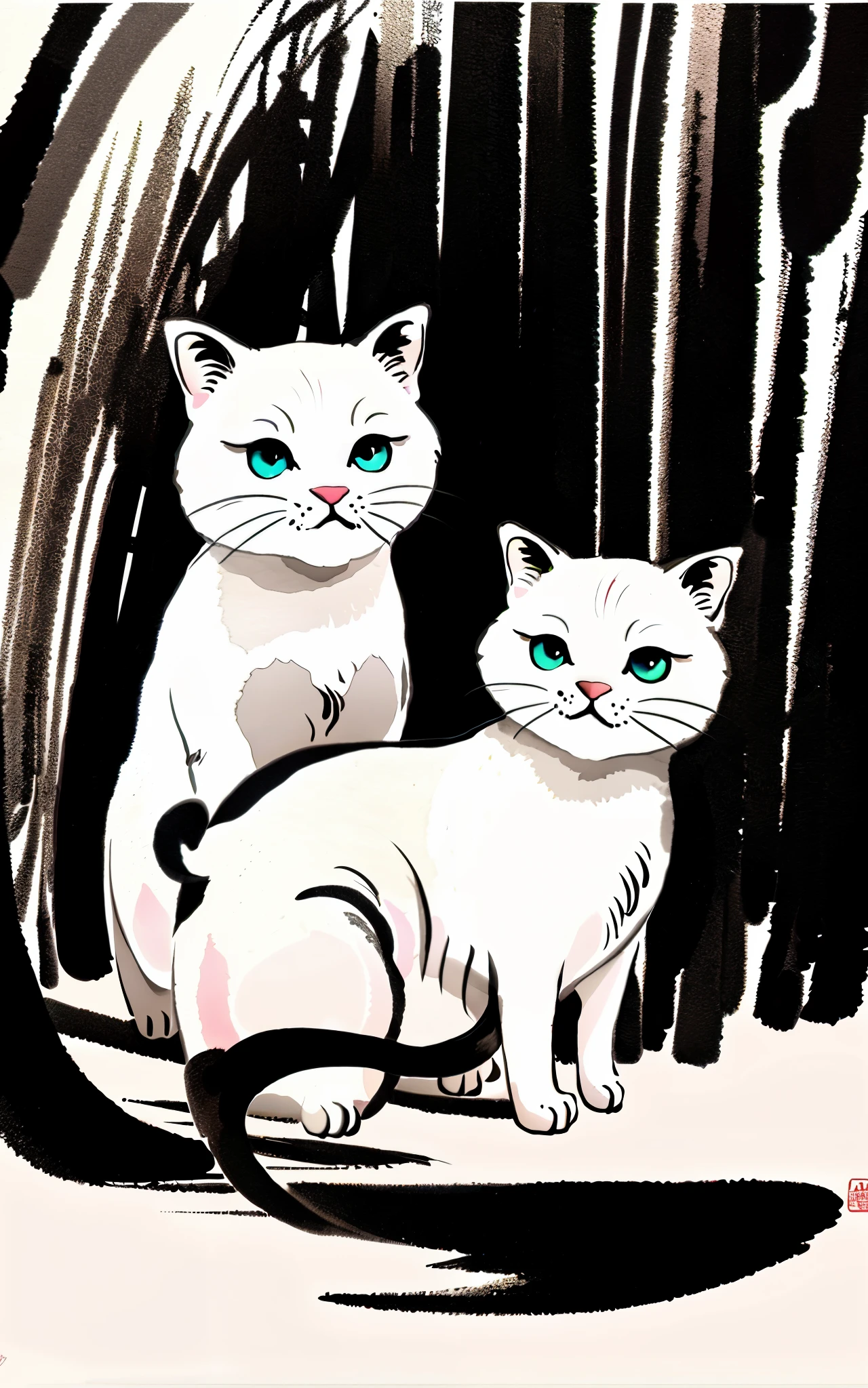 ink painting,a white cat, Vision, (masterpiece, best quality:1.2), 中国传统ink painting, calm picture