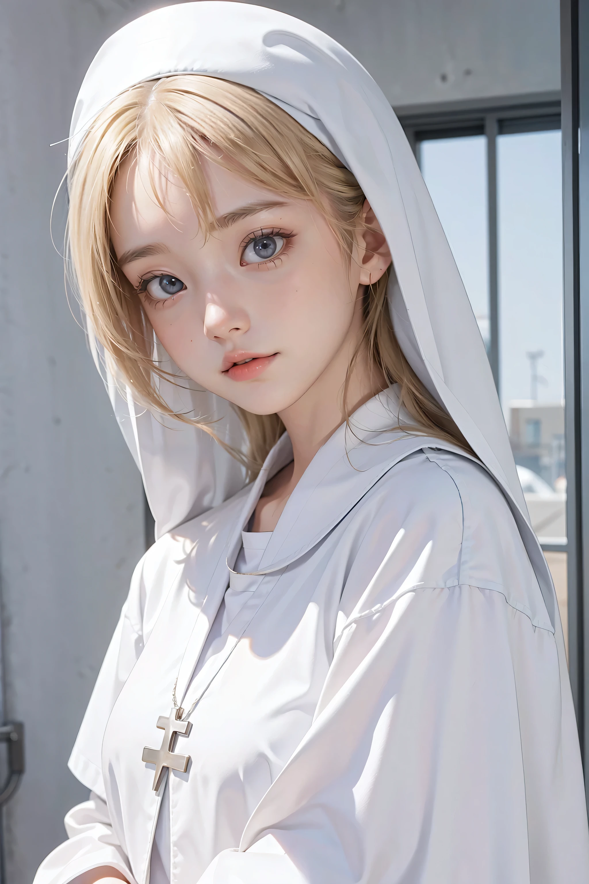 a cute girl , blond hair , absurd , best quality , white nun uniform