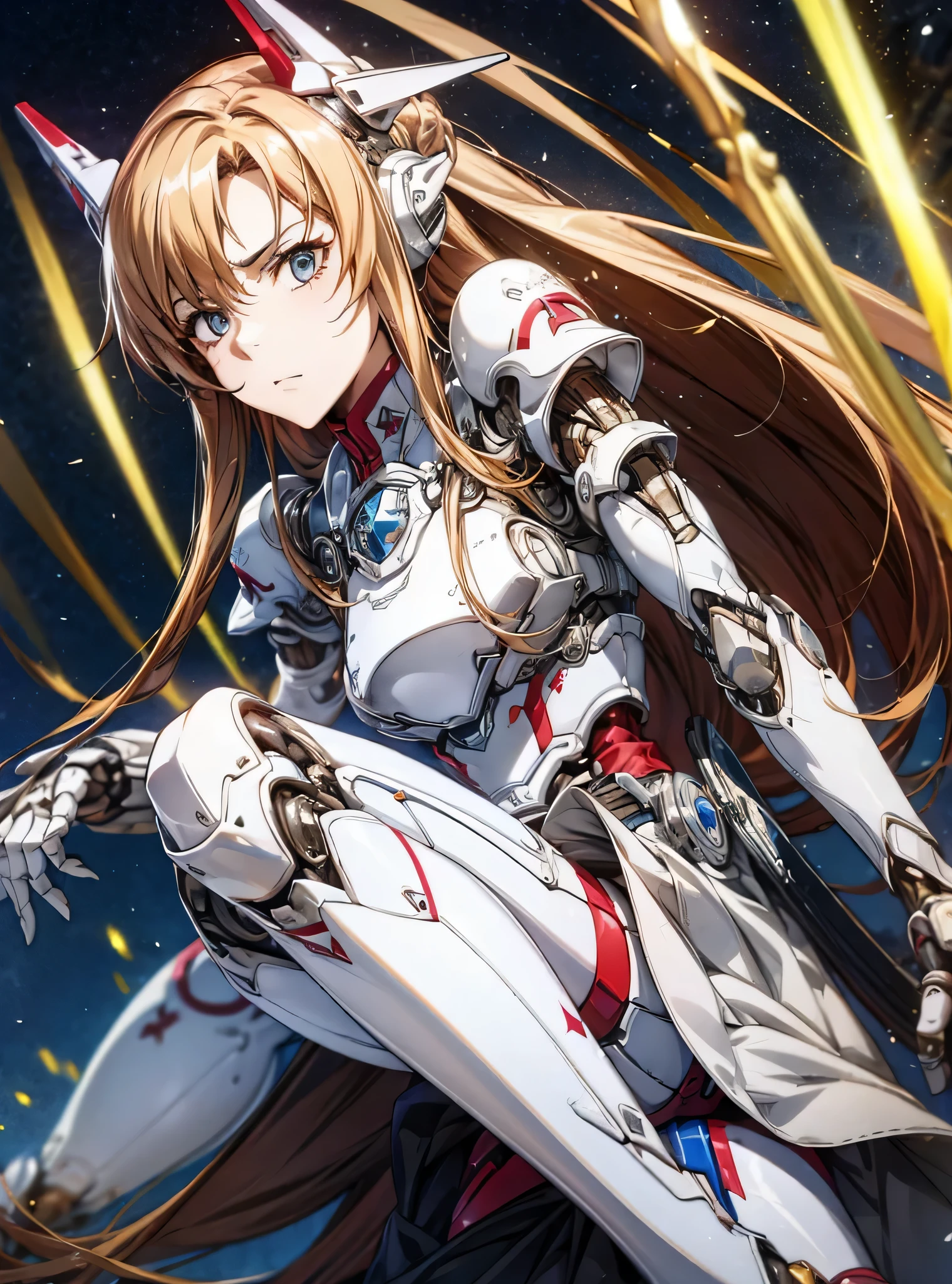 highest quality、unity 8k wallpaper、32K、masterpiece、Super detailed、ultra high resolution、ultra high resolution、android yuuki asuna、Blood Alliance Knight、Androidization、robot girl、red and white armor and dress、mechanical limbs、thigh、chest、mecha musume、mechanical parts、複雑に表現されたスーパーrobot joints、robot joints、robot fingertips、single mechanical arm、mechanical arm、headgear、headset、mechanical harrow、Star Halo、Complex mechanical bodies、Mechanical corset covered with dense armor.、stiletto heels、Realistic and complex camera eye、A complex fusion of body and machine、Legs covered in white and red armor、robot knee joint、mechanical fingers、Eyes like a mechanical camera、anatomically accurate machine、The whole body is covered with machines、covered in red and white armor、beautiful posture、((Even my head is a machine、The back of your face is also a machine.))、princess half up hairstyle