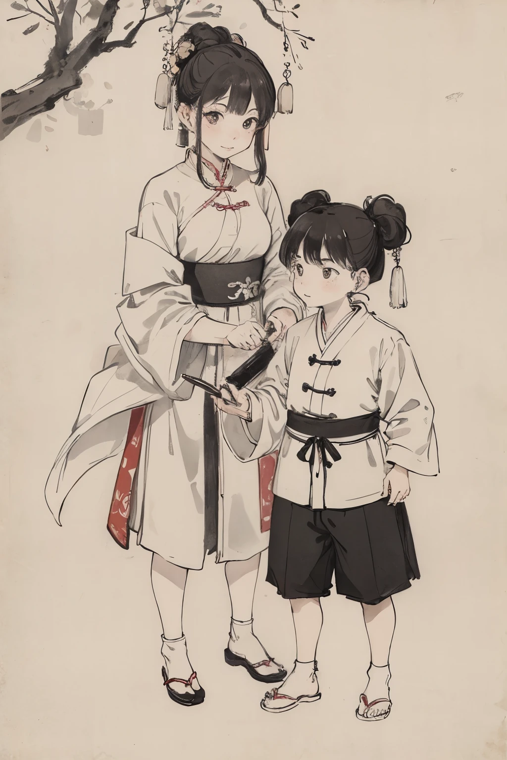 (masterpiece, best quality: 1.2), Chinese traditional ink painting, two children