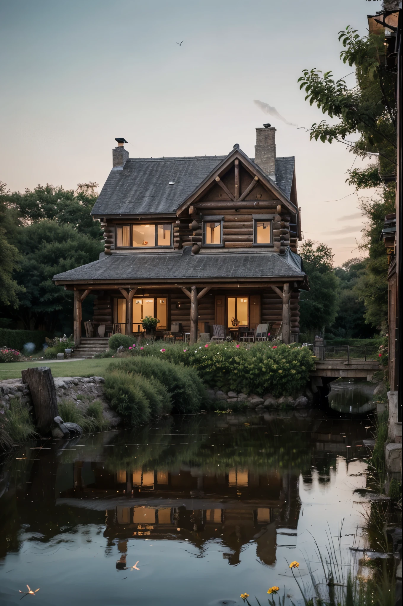 Countryside at night,Winding cobblestone roads(1.4),The roadside is overgrown with flowers(1.2)。There is a log cabin in the distance,The lights inside the house shine through the windows in the pond behind the house。Fireflies land on flowers。(Complex design,Hyper-detailing:1.2),(tmasterpiece,best qualtiy),hyper HD,32K --v 6