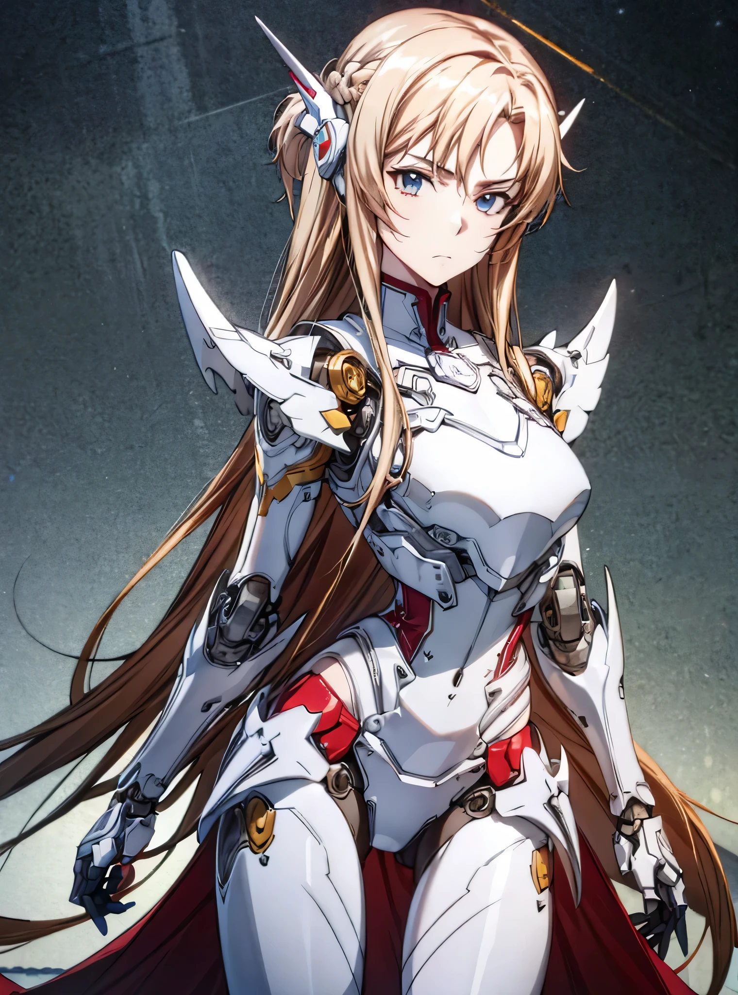 highest quality、unity 8k wallpaper、32K、masterpiece、Super detailed、ultra high resolution、ultra high resolution、android yuuki asuna、Blood Alliance Knight、Androidization、robot girl、red and white armor and dress、mechanical limbs、thigh、chest、mecha musume、mechanical parts、複雑に表現されたスーパーrobot joints、robot joints、robot fingertips、single mechanical arm、mechanical arm、headgear、headset、mechanical harrow、Star Halo、Complex mechanical bodies、Mechanical corset covered with dense armor.、stiletto heels、Realistic and complex camera eye、A complex fusion of body and machine、Legs covered in white and red armor、robot knee joint、mechanical fingers、Eyes like a mechanical camera、anatomically accurate machine、The whole body is covered with machines、covered in red and white armor、beautiful posture、((Even my head is a machine、The back of your face is also a machine.))、princess half up hairstyle