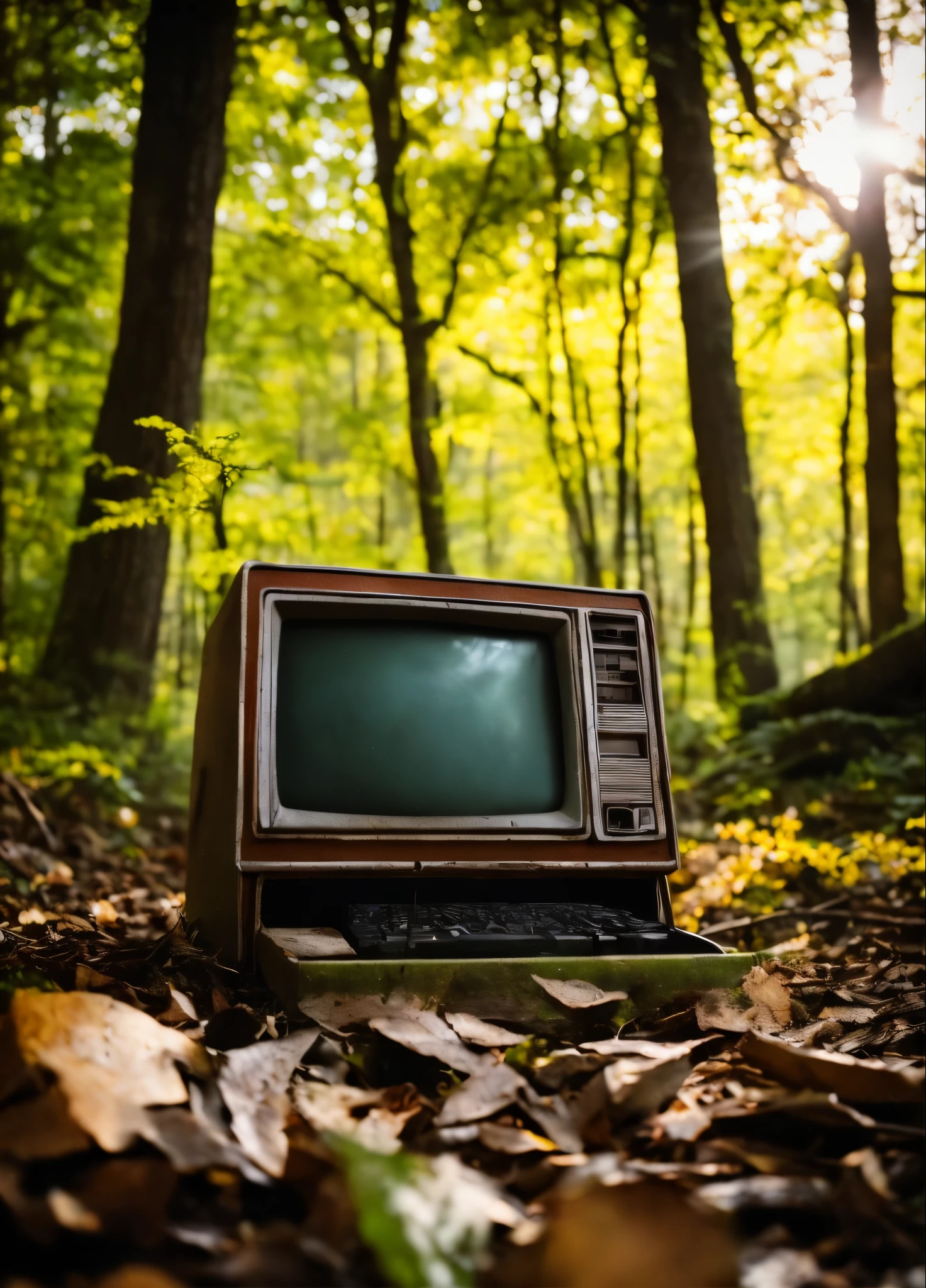 Retro MAC desktop computer abandoned in the woods, canon EOS 5D, extremely intricate detail, dramatic lighting, shot on Leica, moody aesthetic